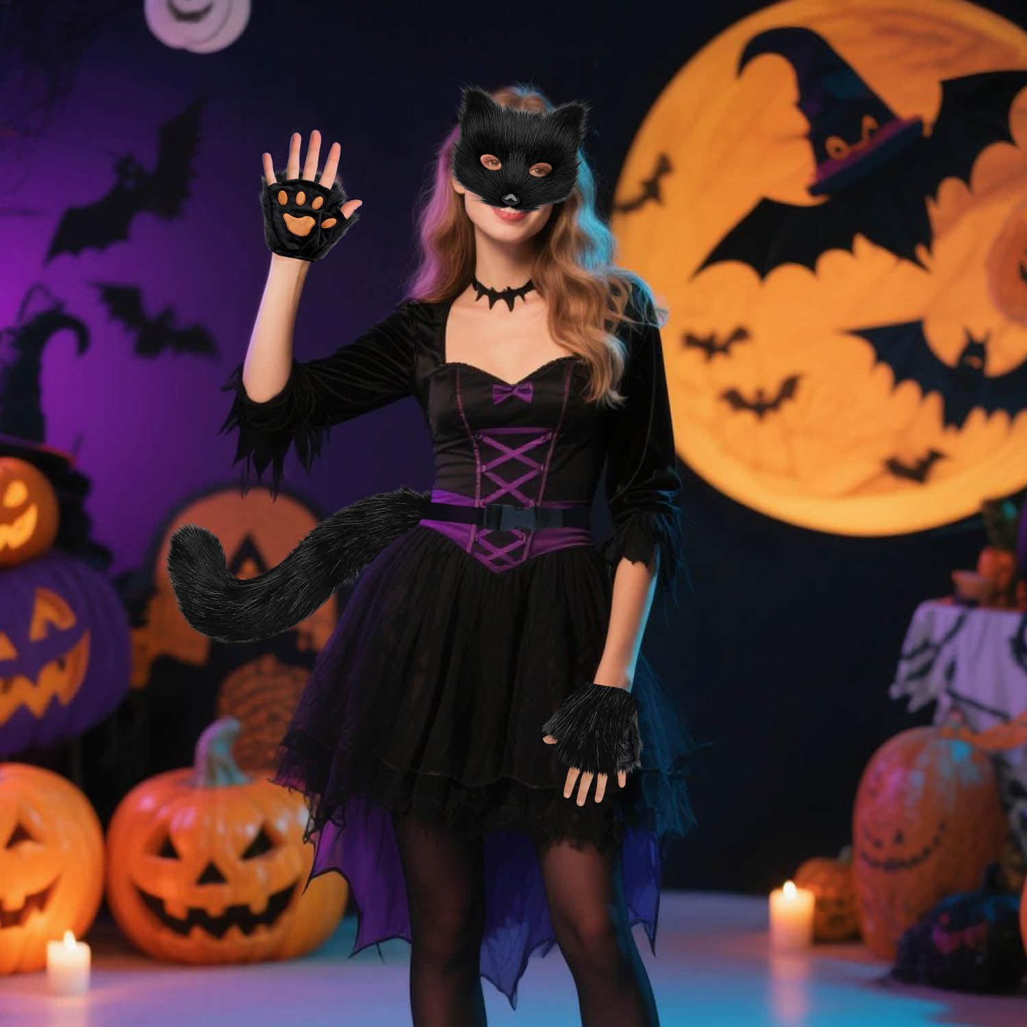 Cat Fox Wolf Tail, 4Pcs Furry Fox Tail, Therian Mask and Paw Gloves Costume Set for Women, Animals Costumes Halloween - Image 6