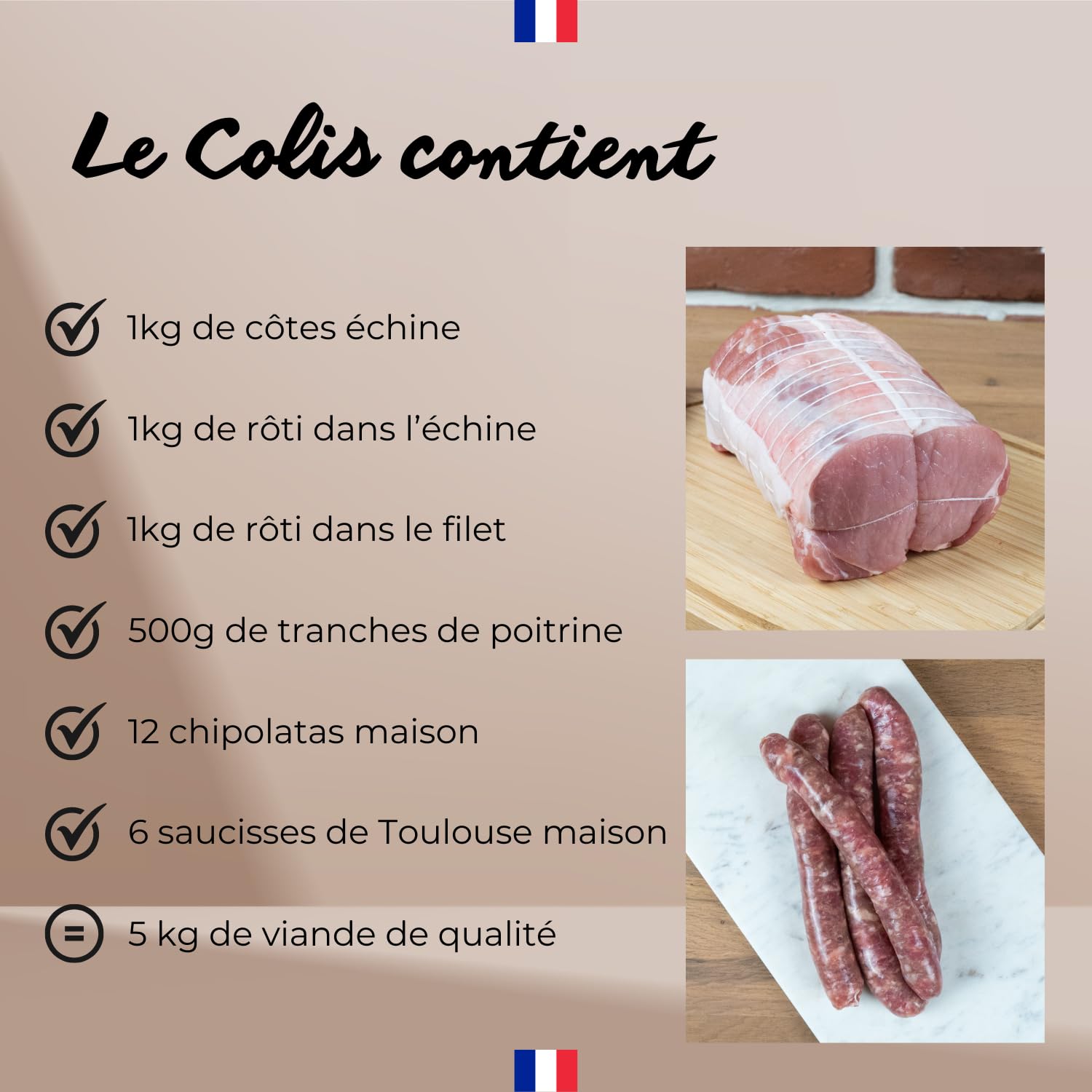 Colis de Viande de Porc 5kg Premium - Maison Victor : 1kg Côte Échine, Rôtis Échine & Filet, 500g de Tranches Poitrine, 12 Chipolatas, 6 Saucisses Toulouse - Excellence Artisanale depuis 1976