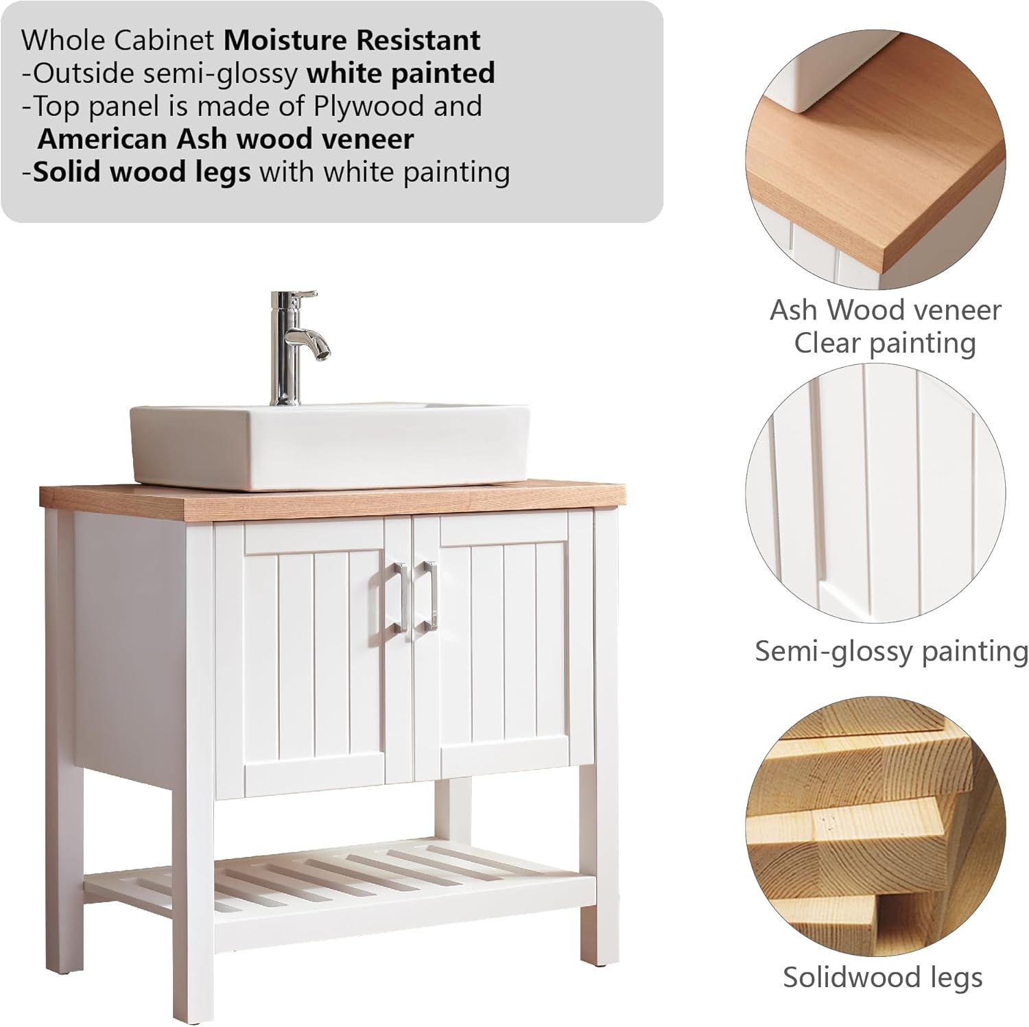 32" Bathroom Vanity with Ceramics Sink,Single Bathroom Vanities Cabinet with Doors and Open Shelf,Solid Wood Small Vanity with Sink Set,for Bathroom,White+Natural
