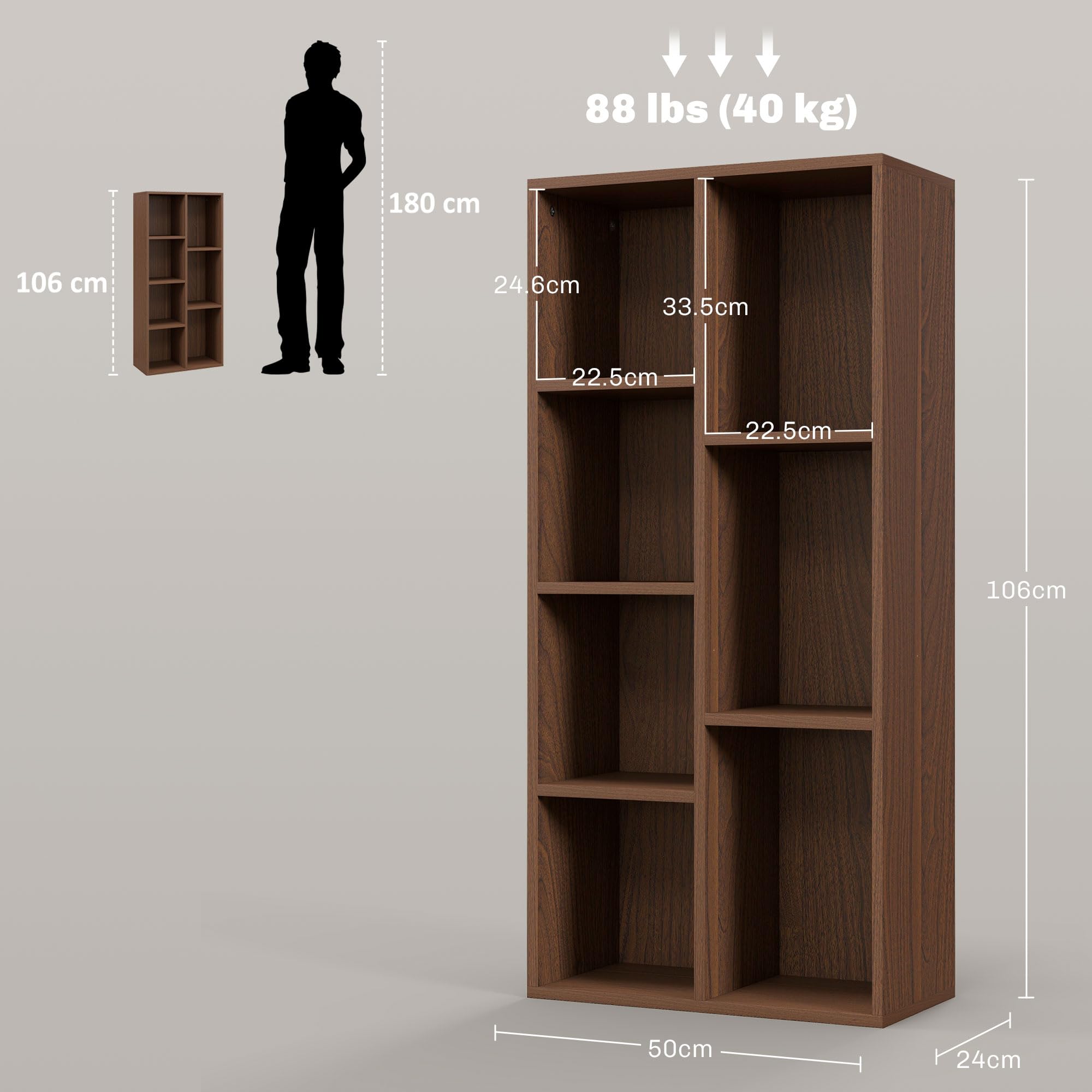 HOMCOM Mobile Libreria a Cubi con 7 Ripiani Moderna 50x24x106 cm Color Noce