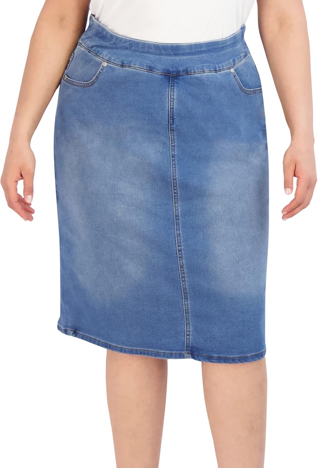 Pull On Knit Denim Skirt for Women - Easy to Put On & Take Off Jean Skirt - Skirt w/Pockets & Comfort Waist Band