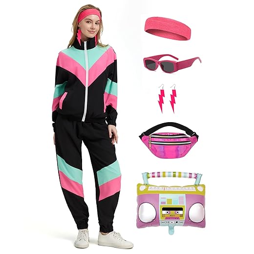 80s Tracksuit for Women Retro Windbreaker Outfit 90s Color Block Sportswear Set with Jacket Sweatpants