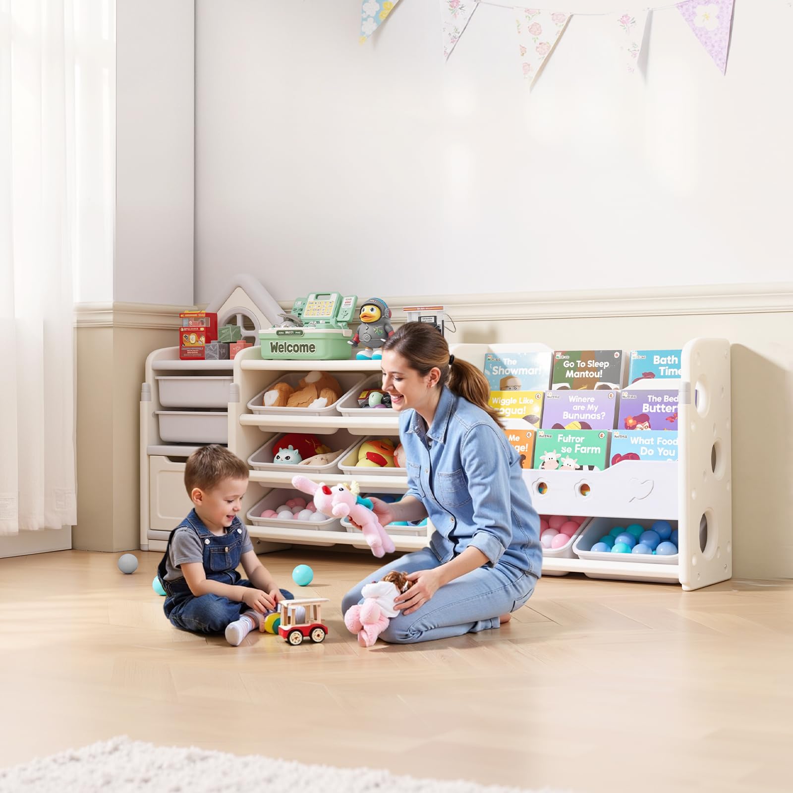 VEVOR Scaffale per Giocattoli in HDPE, Organizzatore per Giocattoli Multifunzionale a 4 Ripiani con 10 Contenitori in Plastica Flessibile, per Camera da Letto e Cameretta dei Bambini, Grigio e Beige