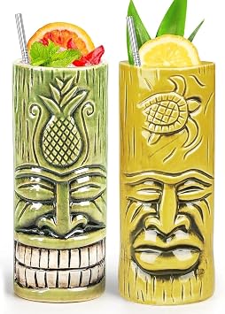 SuproBarware Tiki Glasses for Cocktails Tiki Mugs Set of 2 Ceramic Party Cups with Straws Bar Decor Creative Mug Set Large Hawaiian Glasses Bar Tropical Drinkable Barware