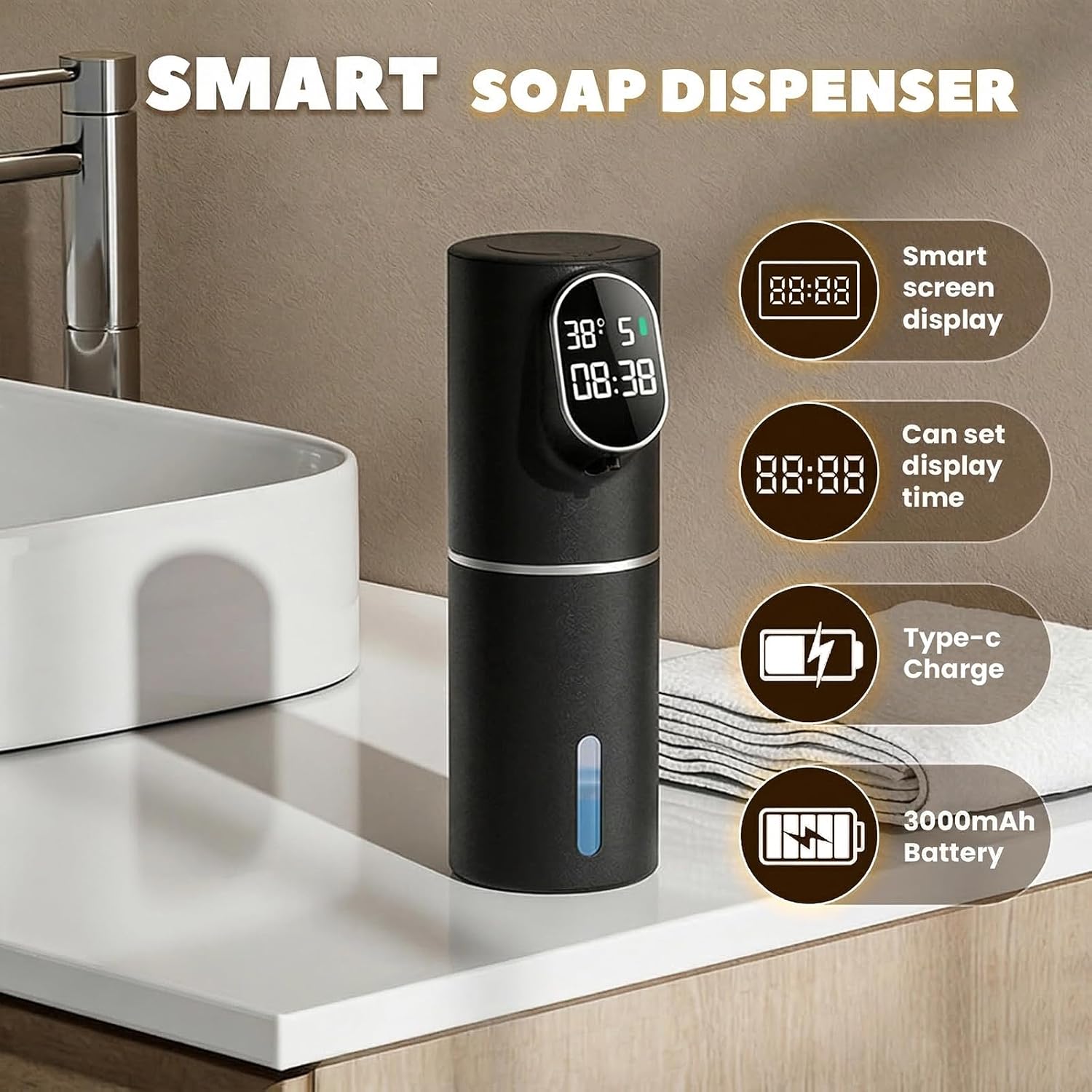 Smart Display Automatic Foam Soap Dispenser, 11oz/ 320ML Touchless Foaming Soap Dispenser, 5-Level Adjustable Sensor Electric Hand Soap Dispenser, Waterproof Soap Dispenser for Bathroom (Black Color) image 2