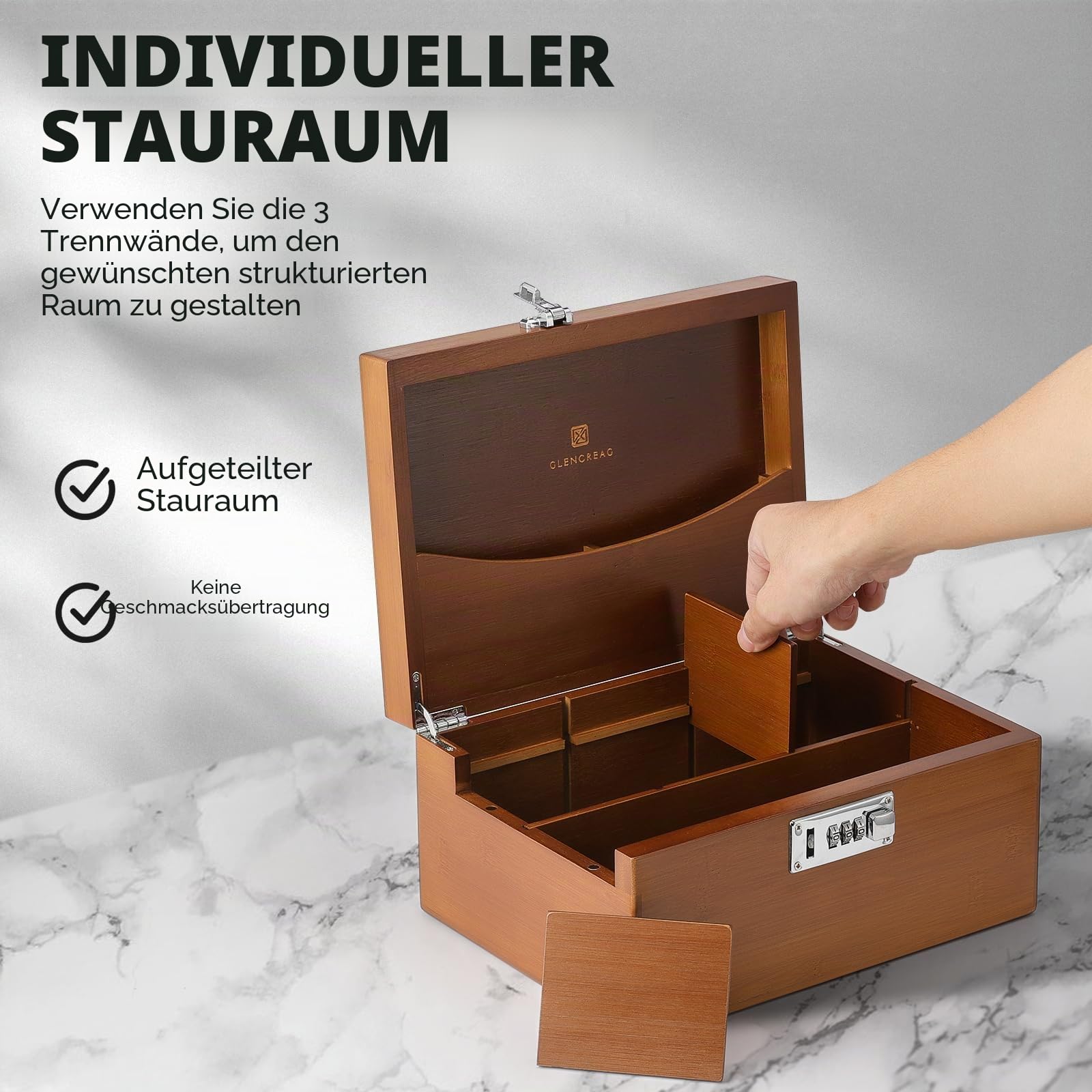 GLENCREAG Geruchsneutrale Bambus-Aufbewahrungsbox mit Rolltablett, Schloss