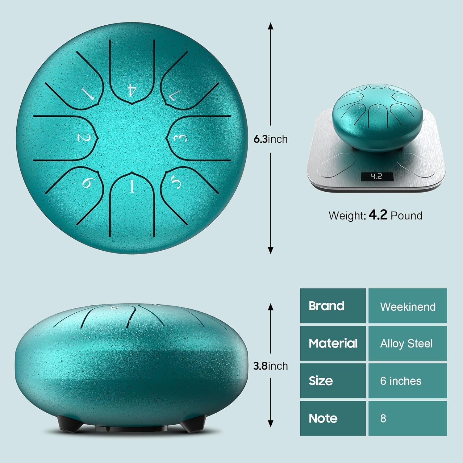 NOPWOK Tamburo a Lingua in Acciaio 8-Toni 15,2 cm Chakra Tank Trommel, Strumento di Guarigione Musicale, Educazione Prenatale, Intrattenimento, Meditazione, Yoga, Zen, Regalo (Turchese)