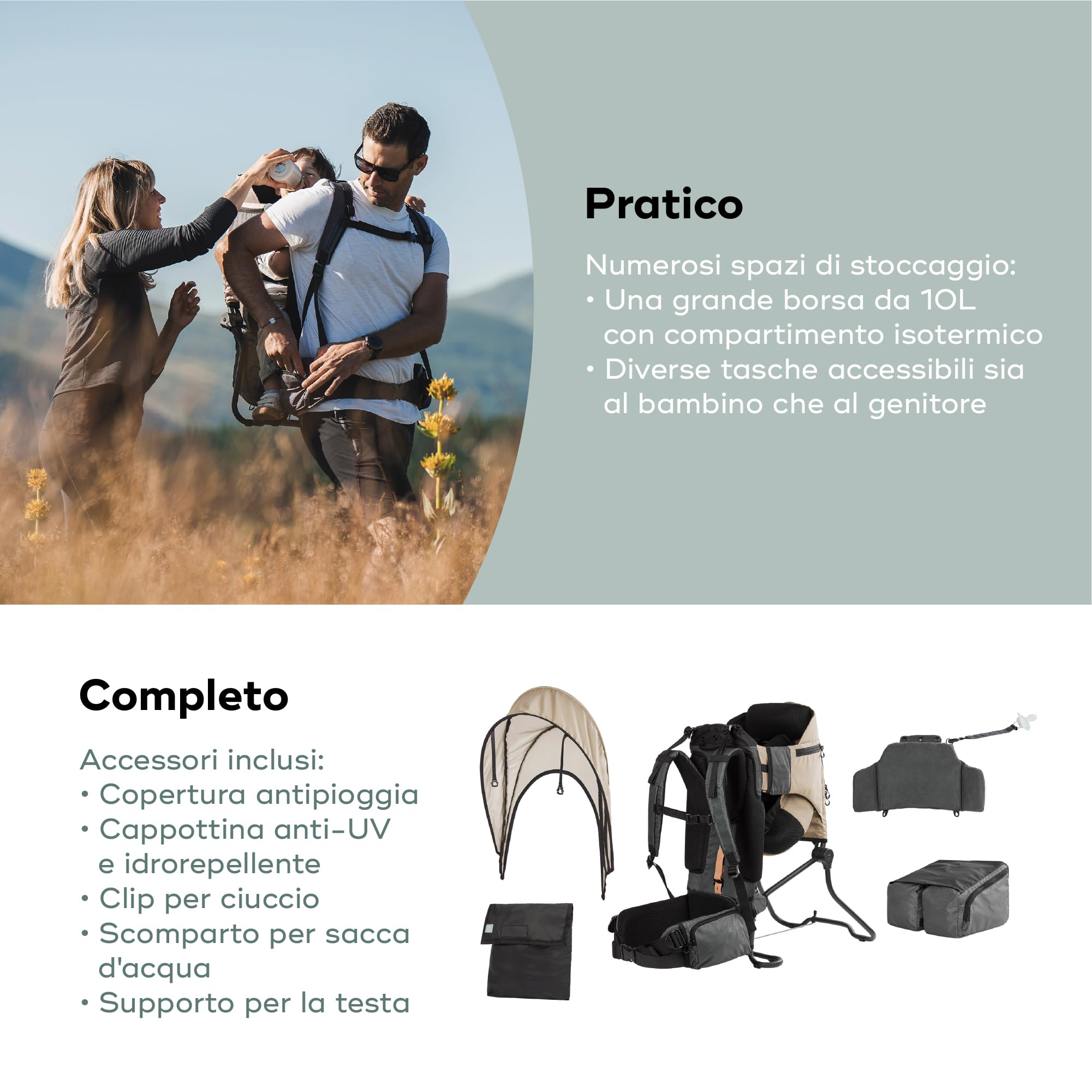 Babymoov Zaino Porta Bambino Trekking Moov&Hike + Copertura Pioggia | Parasole Anti-UV 50+, Ergonomico per Genitore e Bimbo - Regolabile - Borsa Isotermica 10L - Garanzia a Vita