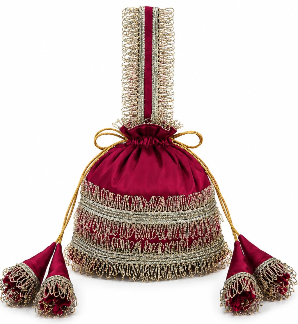 Maroon Silk Potli Bag with Gold Zari Embroidery, Drawstring Closure, Decorative Tassels, Bridal Clutch-image-34