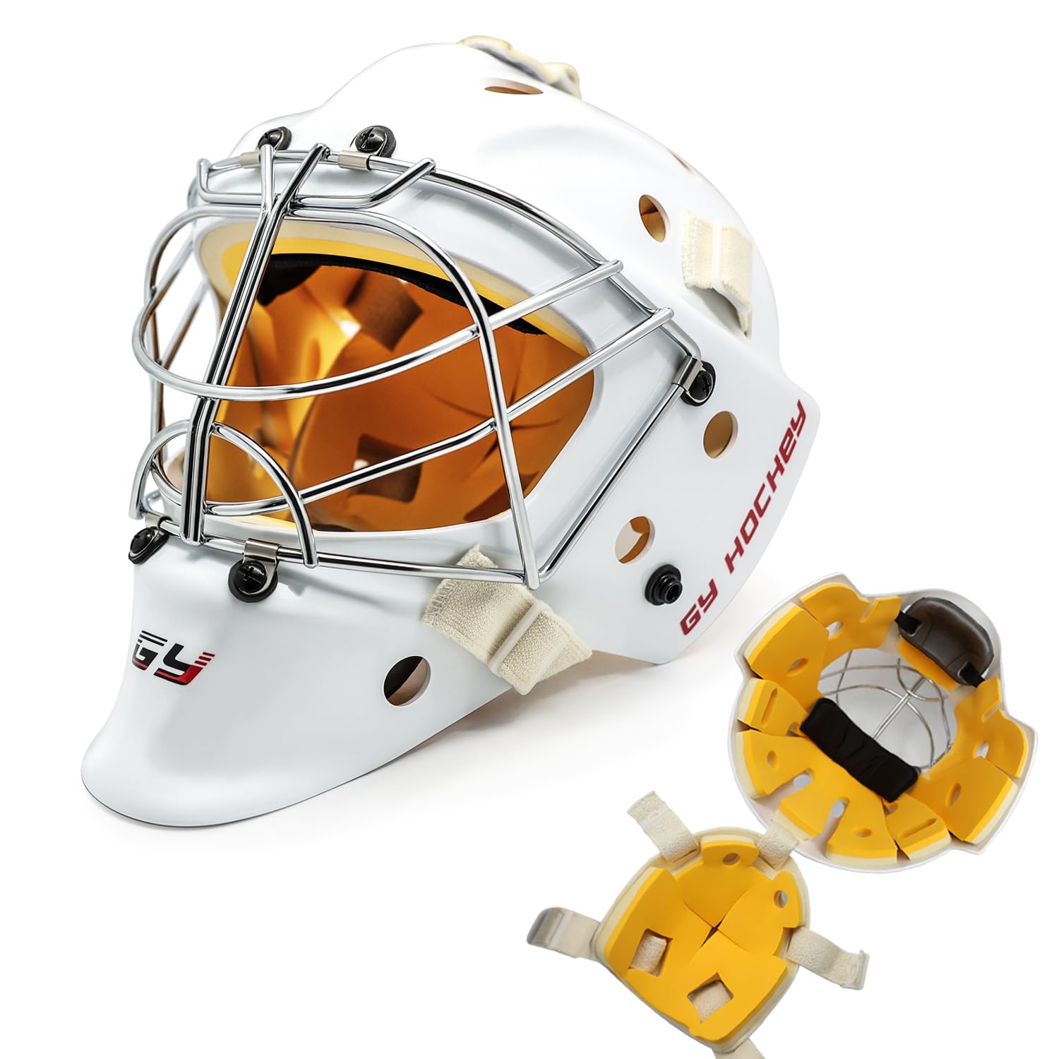 GY Casco da hockey combinato con maschera facciale da portiere per adulti, gabbia cat-eye, guscio professionale in PC e ABS, gabbia in acciaio inossidabile 304, fodera a doppio strato