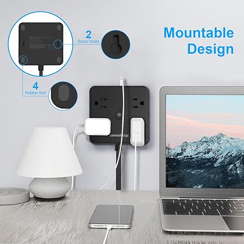 Miniatura 7 de Paquete de 2 regletas de alimentación de enchufe ultra plano, protector de sobretensiones con 4 tomas amplias, cable de extensión delgado de 6 pies