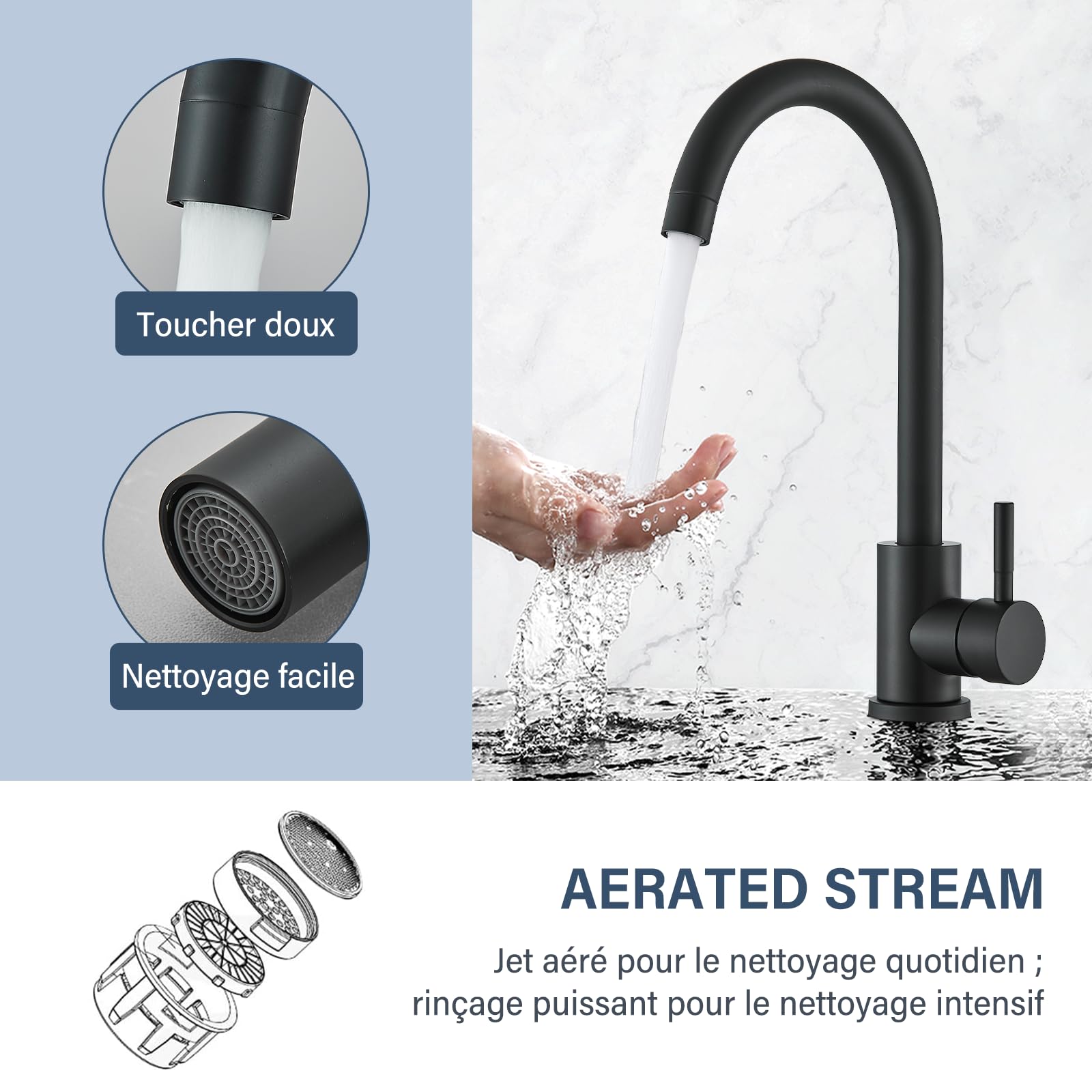 Robinet Cuisine Noir Mitigeur Cuisine Pivotant à 360° Col de Cygne Robinetterie de Cuisine Monocommande Robinet Evier de Cuisine Froide et Chaud