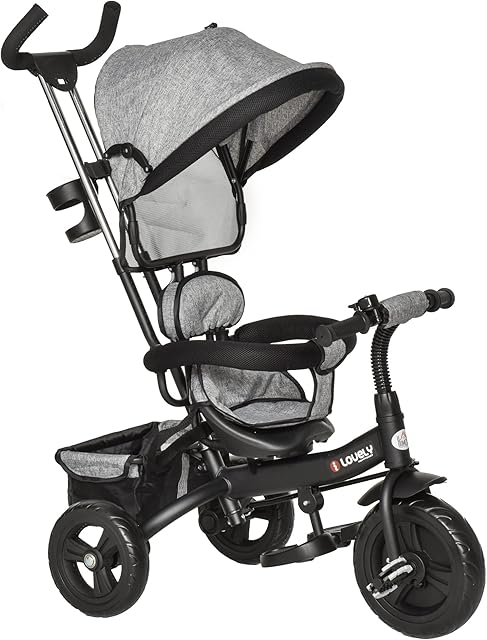 HOMCOM 4 in 1 Tricycle for Kids Toddler Trike with Parent Handle Push Along Pedal Trike Removable Canopy Safety Belt Storage Footrest for 18 Months to 5 Years Grey