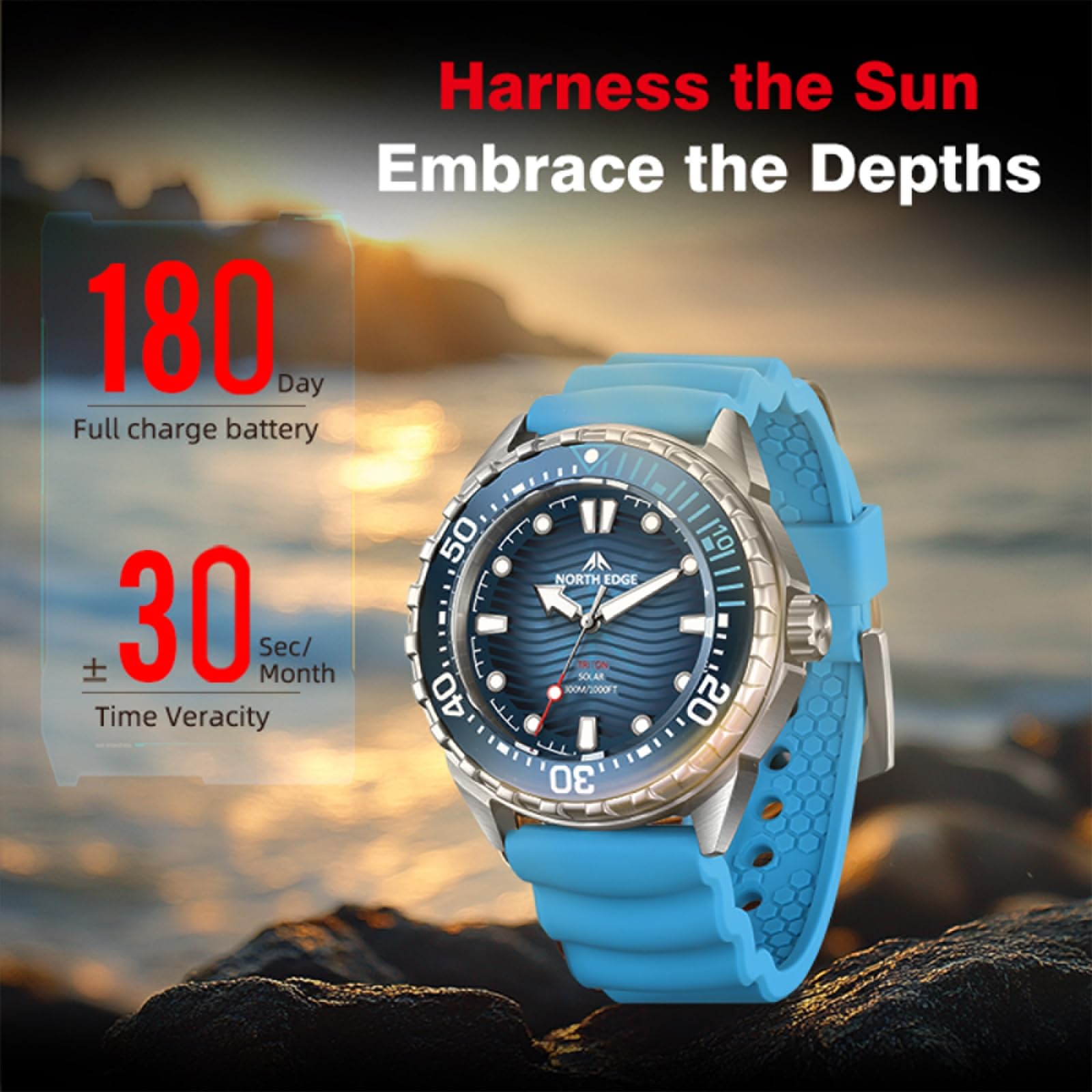 Reloj de buceo con energía solar para hombre, resistencia al agua hasta 300 m, esfera luminosa, bisel giratorio, correa de silicona