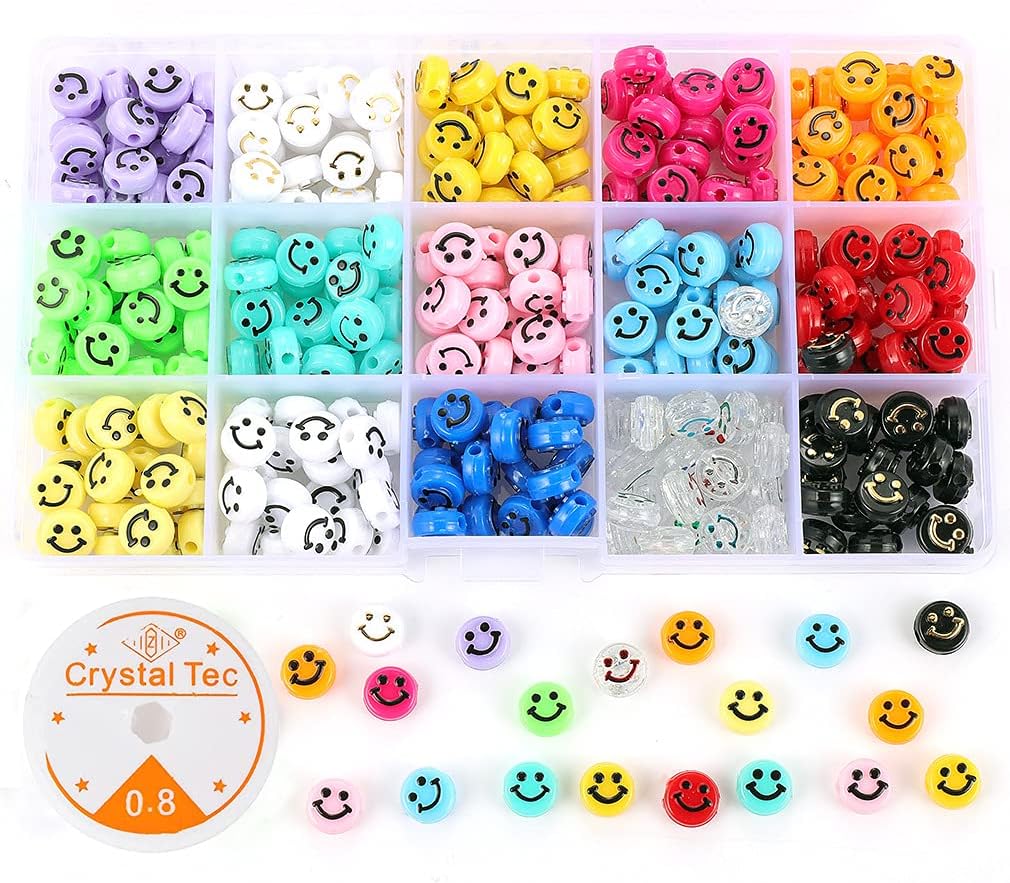 SUCOJRFF 300 Pcs Mixed Smiley Face Beads Kit with Crystal String, 15Colors Smiley Heishi Preppy Flat Round Beads for Bracelet Making, Cute Happy Face Beads for Jewelry Making Supplies