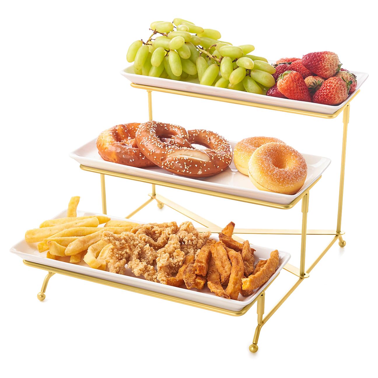 Plateau de Service avec 3 Plats, Plateau Repas, Grand Plateau Plastique Rectangulaire 35×29cm, Presentoir Aperitif Buffet, Présentoir à Gâteaux, Panier Fruits, Support en Métal Noir
