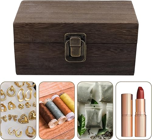 Miniatura 8 de Tighall Caja de madera antigua con tapa con bisagras y cerradura, caja de almacenamiento rectangular de madera decorativa para manualidades,