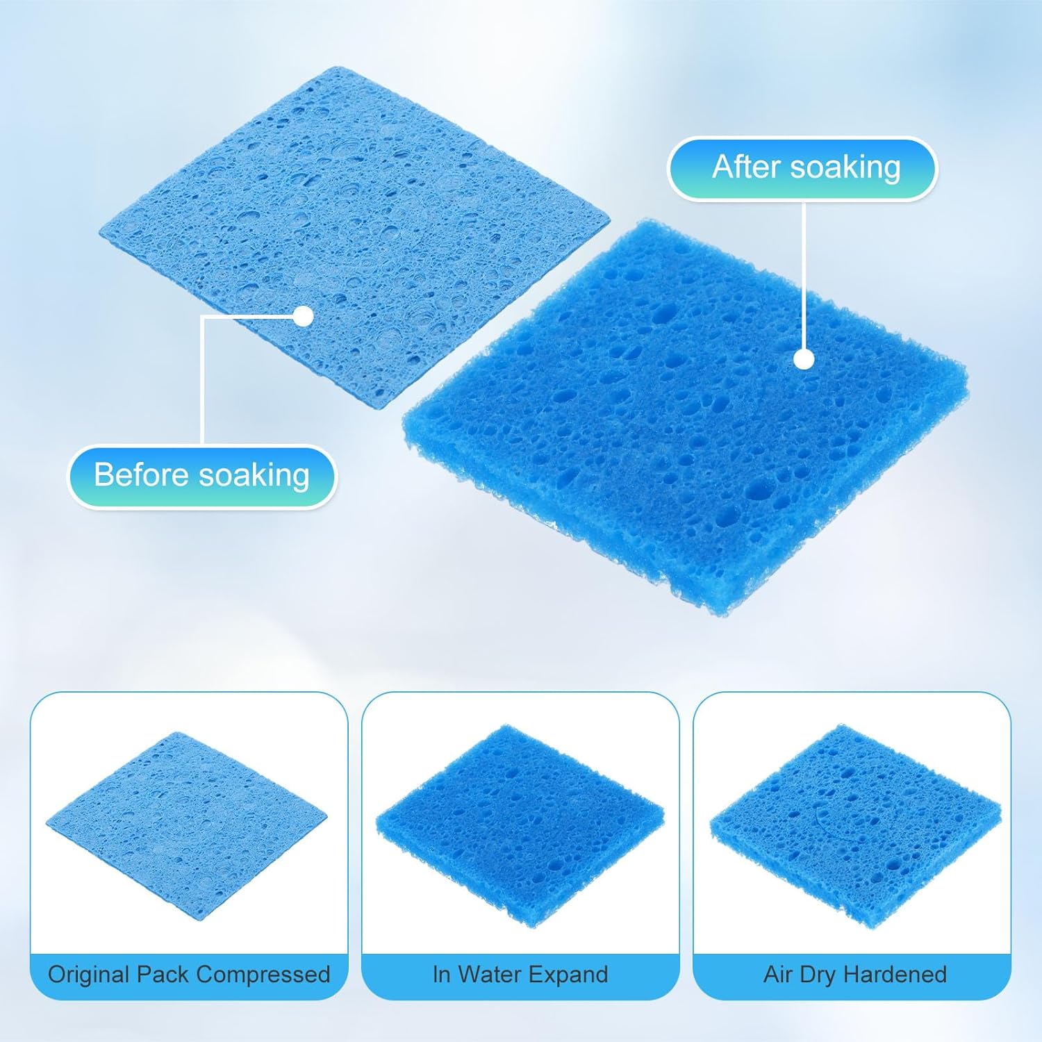 MECCANIXITY 12PCS Soldering Sponge 60 x 60mm Square Blue Cleaning Pad Welding Tip Iron Replacement for Cleaning Soldering Iron 2mm Natural Thickness 6mm Water Absorption Thickness
