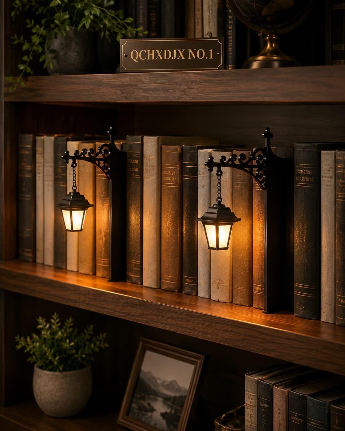 Library Lantern Decorative Bookshelf Lighting, Vintage Mini Street Lamp Book Nook Light, Black Shelf Accent Decor for Home Library, Reading Room, Office and Book Lovers(2pcs)