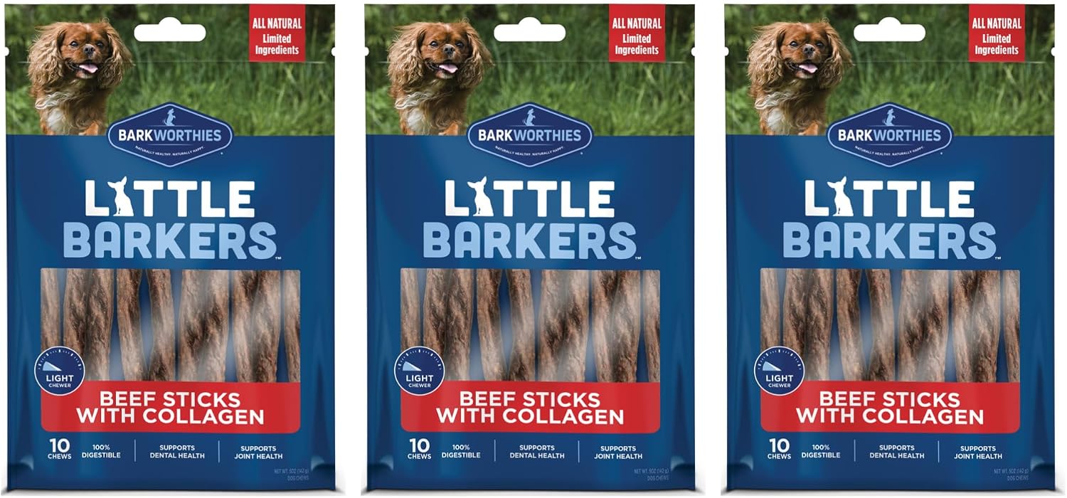 Bark Worthies Little Barkers Beef Sticks with Collagen Dog Treat 10 Counts Pack of 3