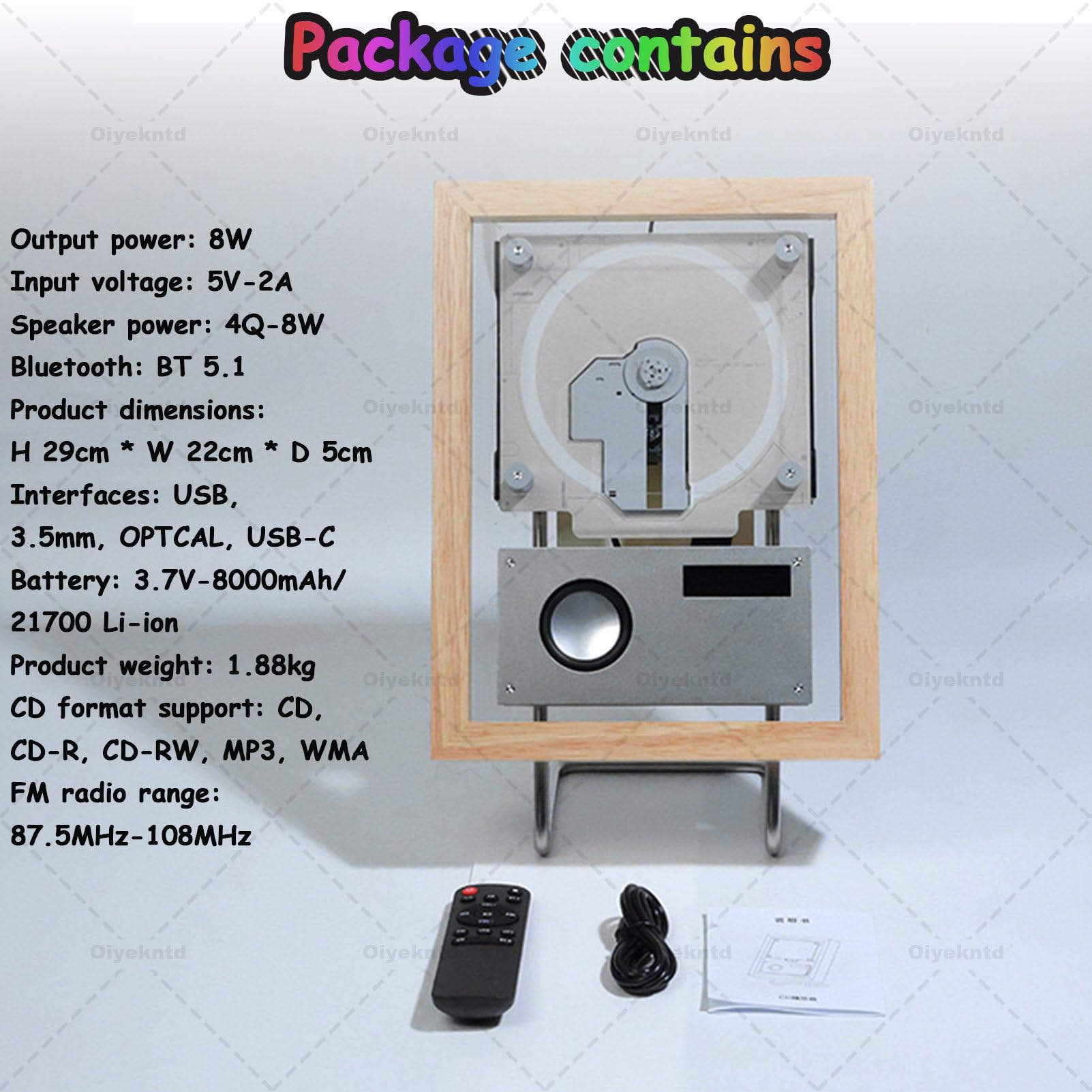 Lettore CD musicale montabile a parete con Bluetooth, USB, uscita AUX, telecomando, altoparlanti e 6 luci per la decorazione di casa e corridoio