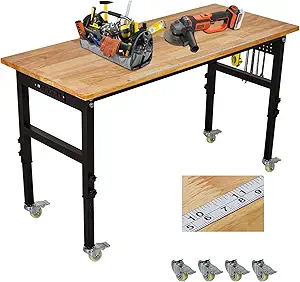 48" x 24" Workbench, MERXENG Heavy Duty Work Bench with Power Outlet, Scales, Pegboard, 6 Hooks, 2200 LBS Load Capacity, 8 Adjustment Height Work Table for Garage, Workshop, Office, Home, Wheels