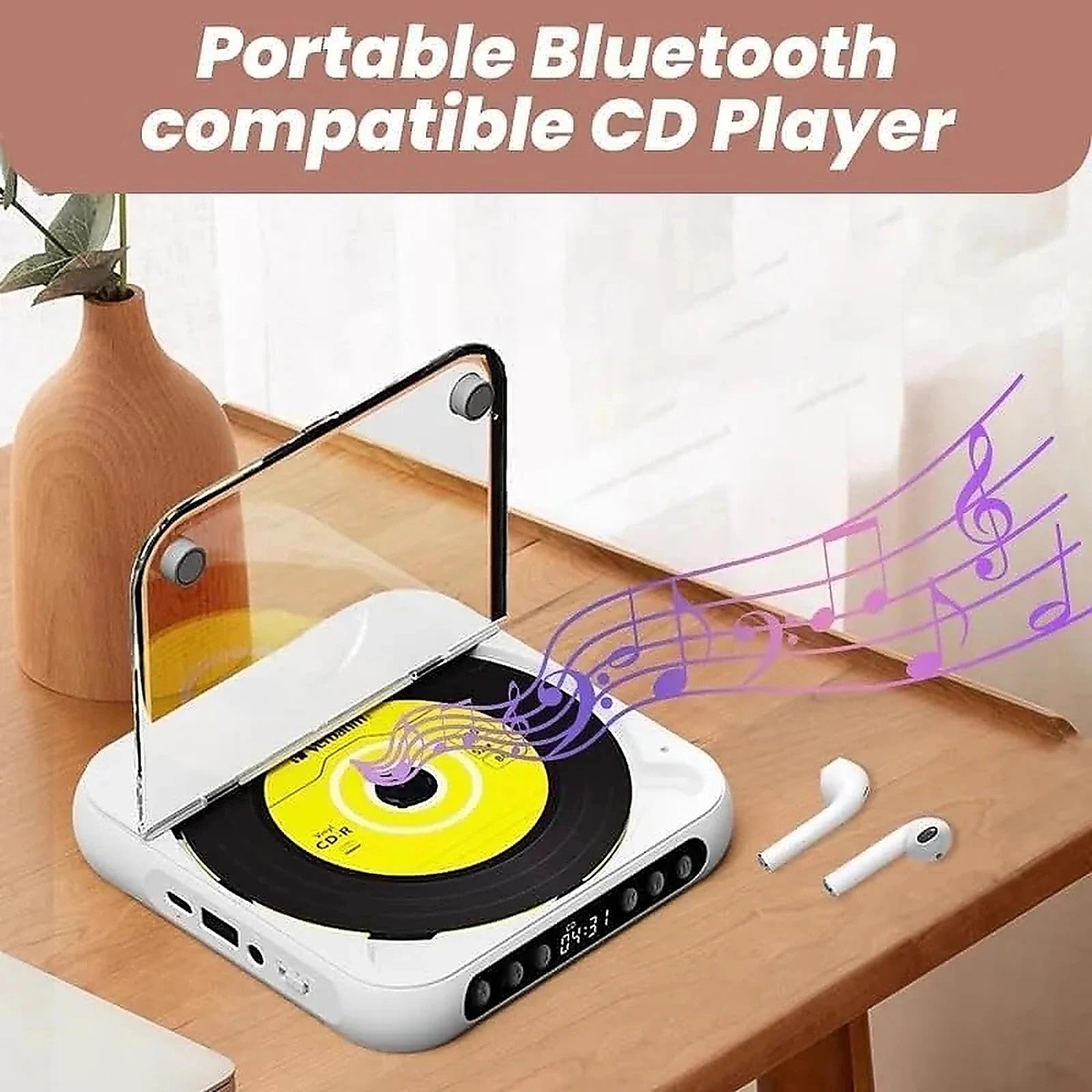 Lettore CD portatile con Bluetooth 5.3, mini lettore CD ricaricabile con altoparlanti HiFi, supporto USB e AUX, compatto per casa, viaggi e ufficio