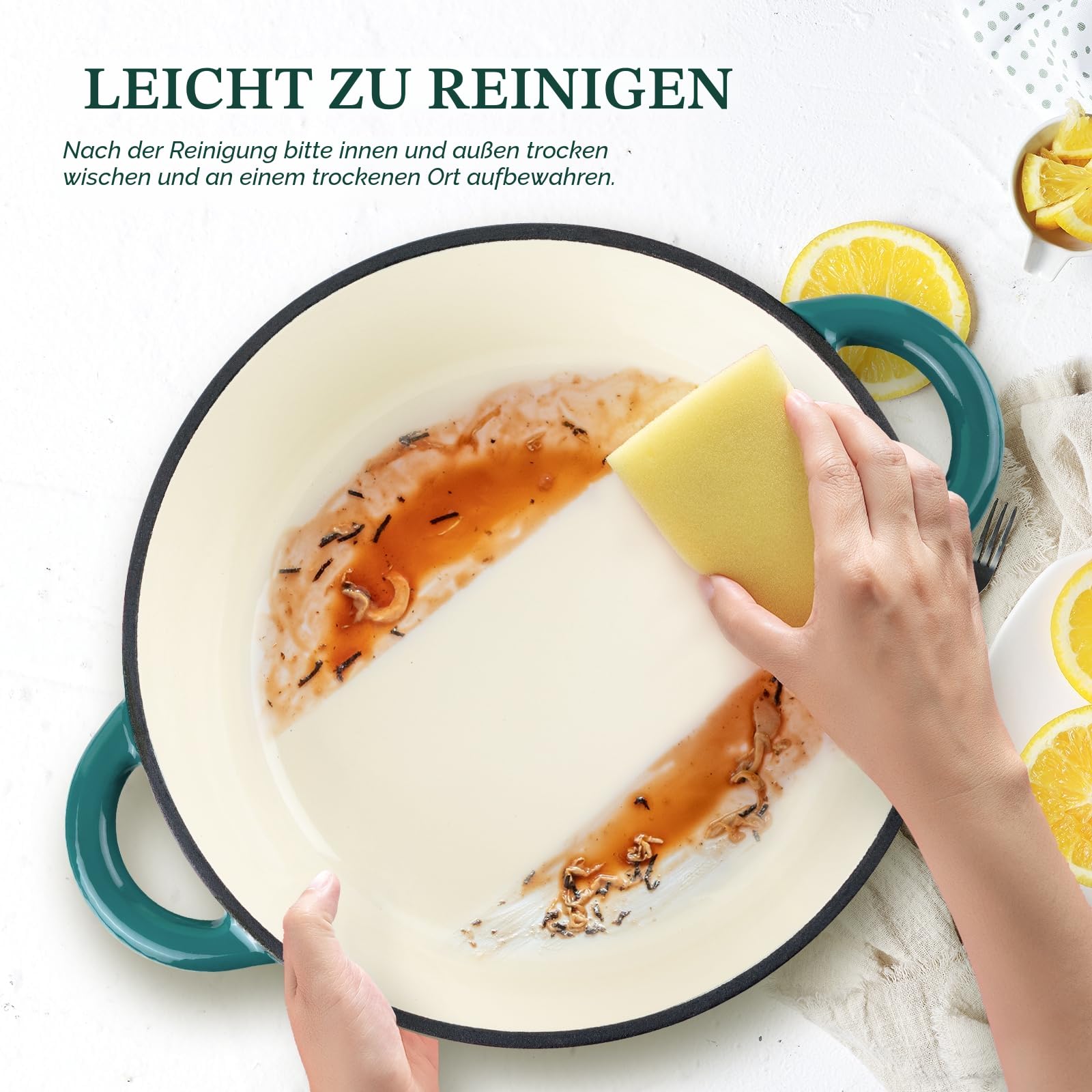 Overmont Bräter emaille Gusseisen Topf - Schmortopf 26cm backofengeeignet - mit Deckel und Kochbuch - für Küche Backen Schmoren Braten Seeblau – Bild 3