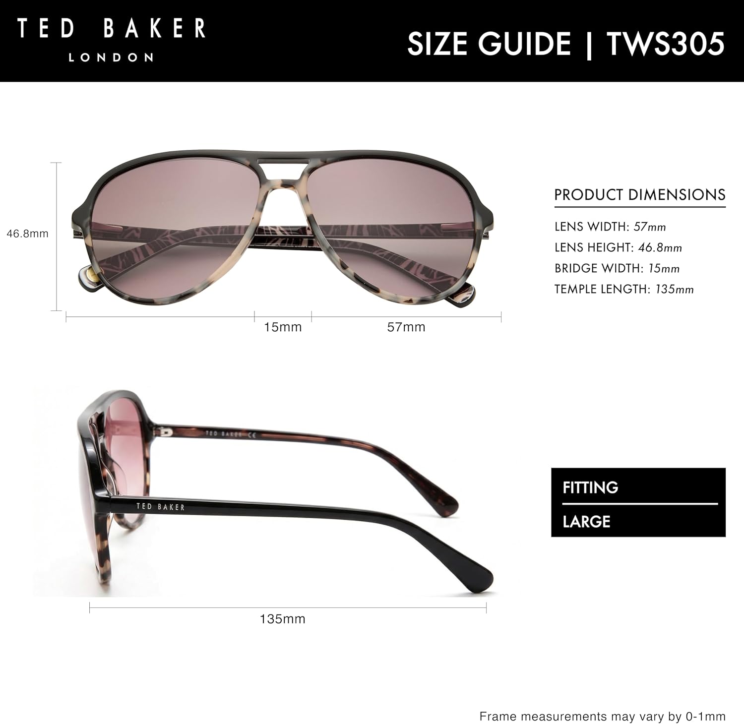 Ted Baker TWS305 Wide Fit Modern Aviator Sunglasses for Women, UV400 Protection, 57 mm