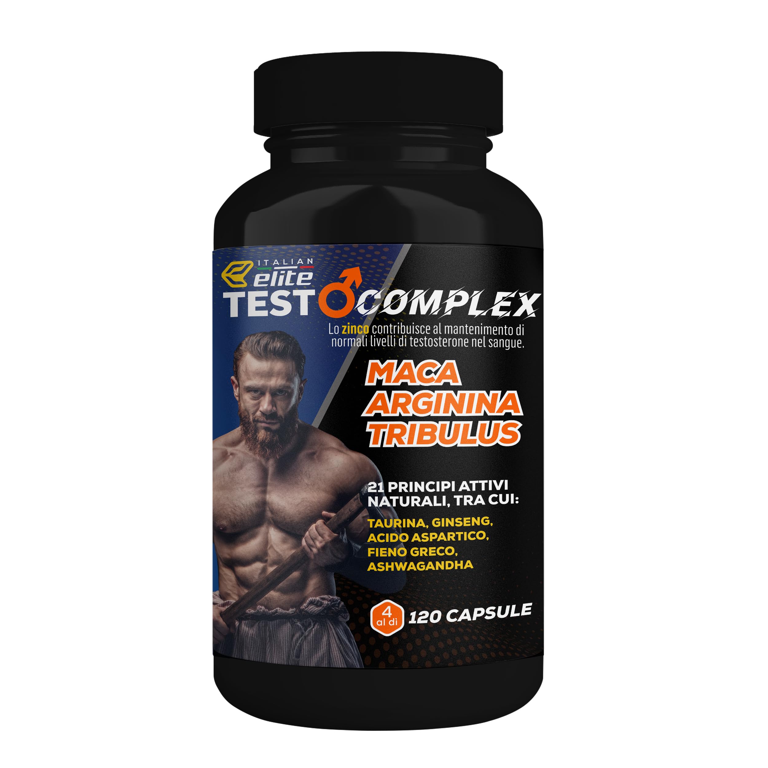 Italian Elite® Testo Complex 120 caps Maca 8000mg. Tribulus, Fieno Greco, Zinco, Arginina, Ashwagandha, Vitamine e Minerali