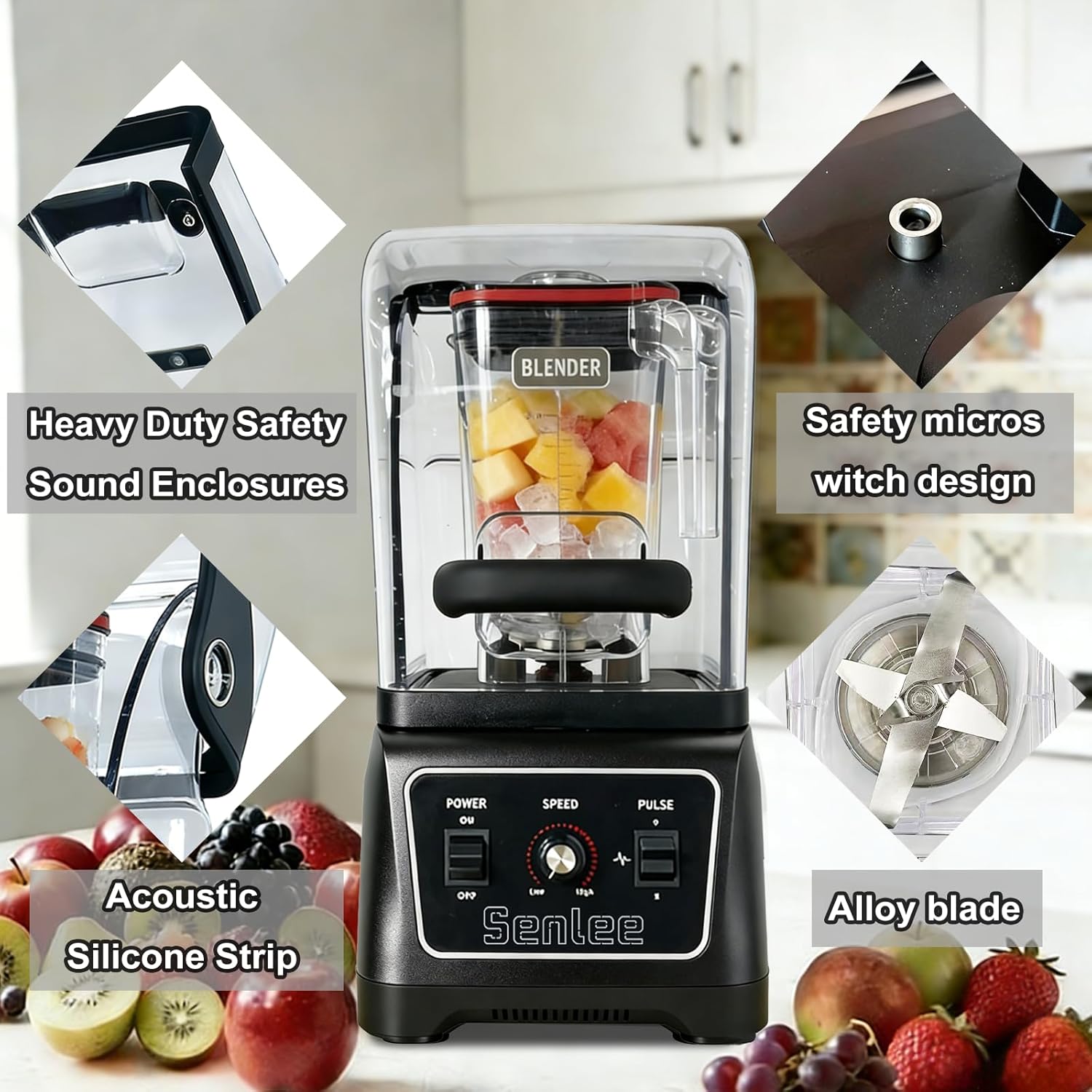 Commercial Blender Heavy Duty 2200W Professional-Grade with 64oz BPA-Free Jar, Quiet Shield, Self-Cleaning, 6-Leaf Stainless Steel Blade for Smoothies, Ice Crush, Shakes - Restaurant & Kitchen Use