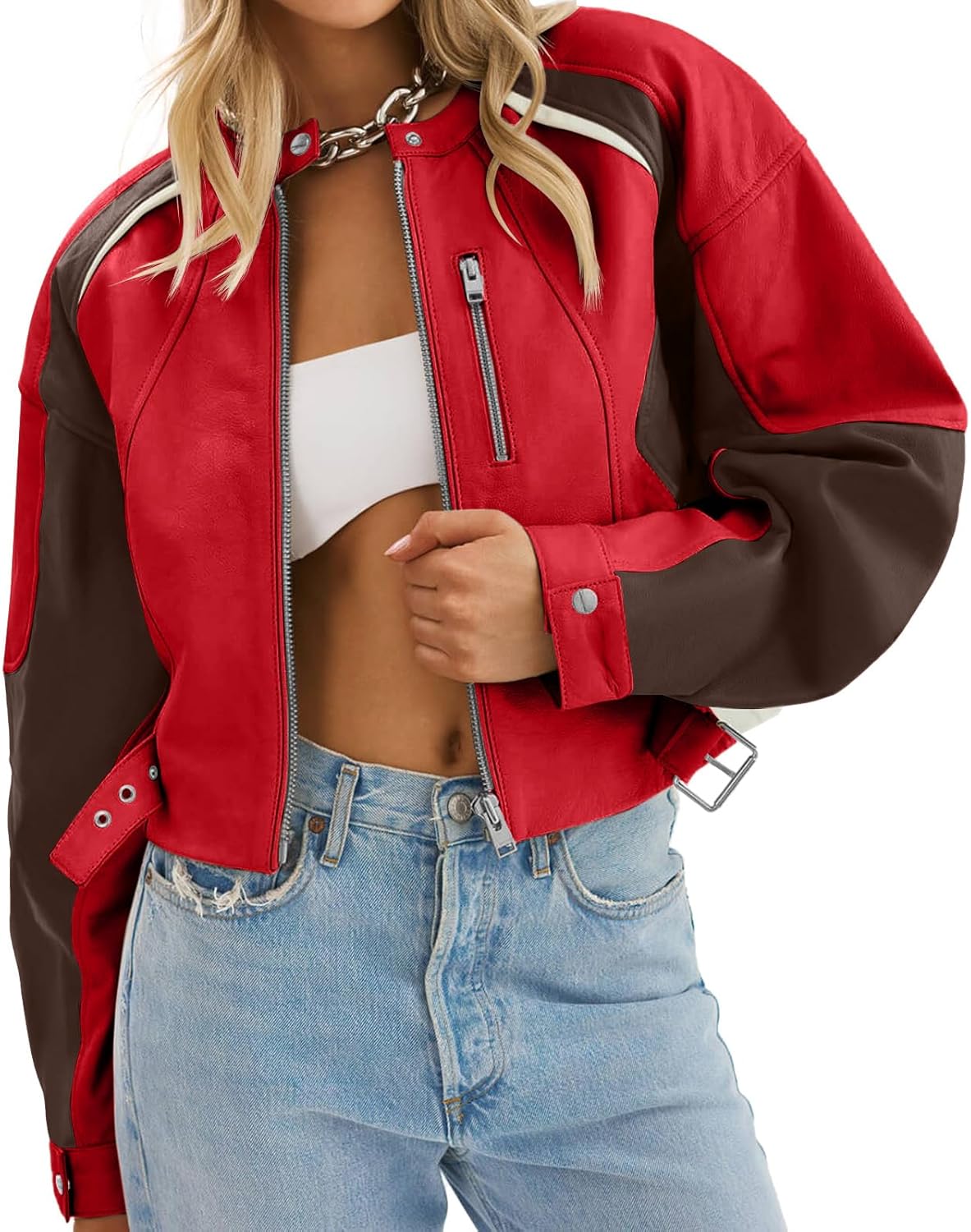 Tankaneo Womens Faux Leather Bomber Jackets Cropped Zip Up Color Block Fall Casual Moto Biker Coats