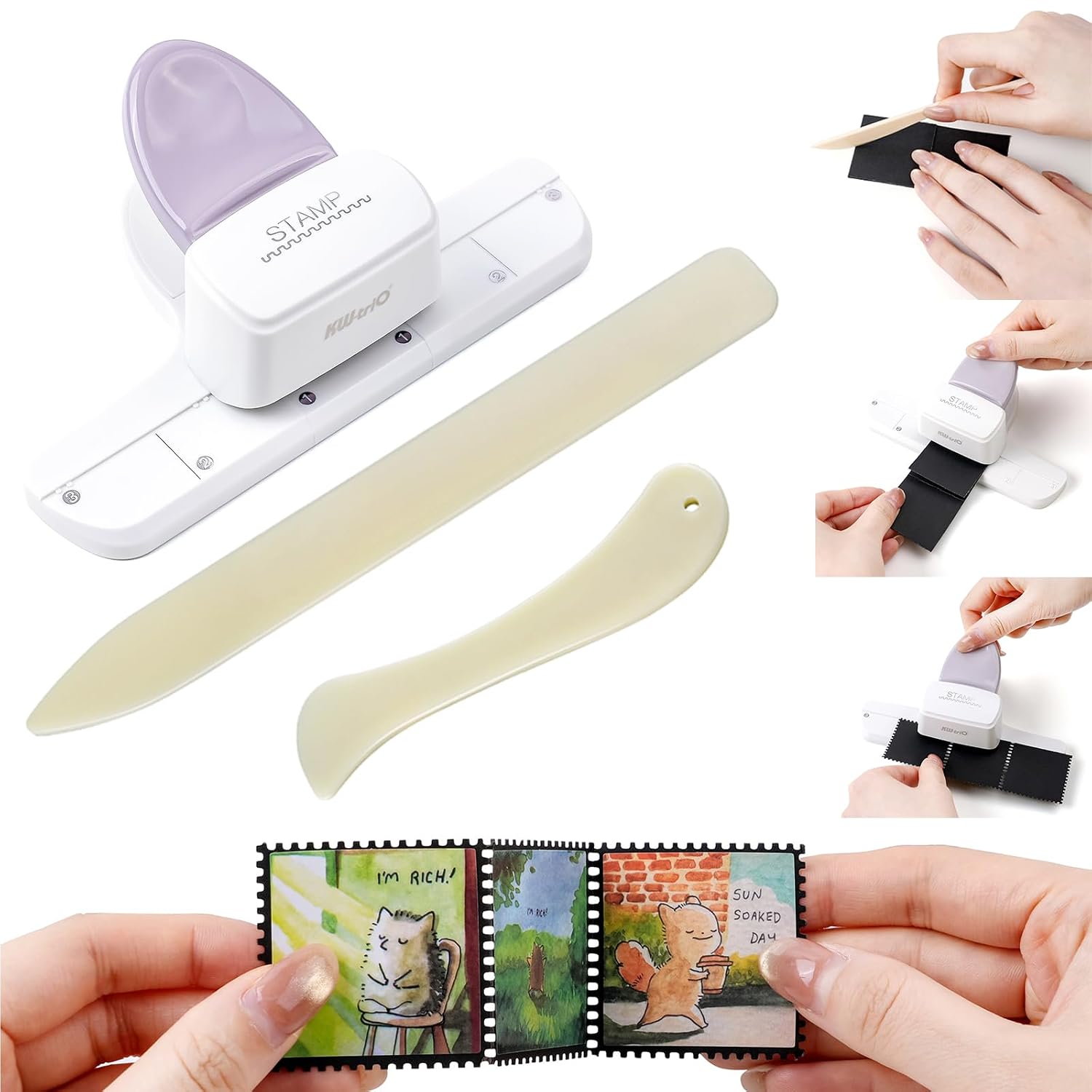 Briartw Postage Stamp Border Punch with Paper Creaser and Bone Folder,Film Strips Making Punches,Decorative Edge Hole Punch for Scrapbooking Paper Crafts Journaling Junk DIY Kit Materials