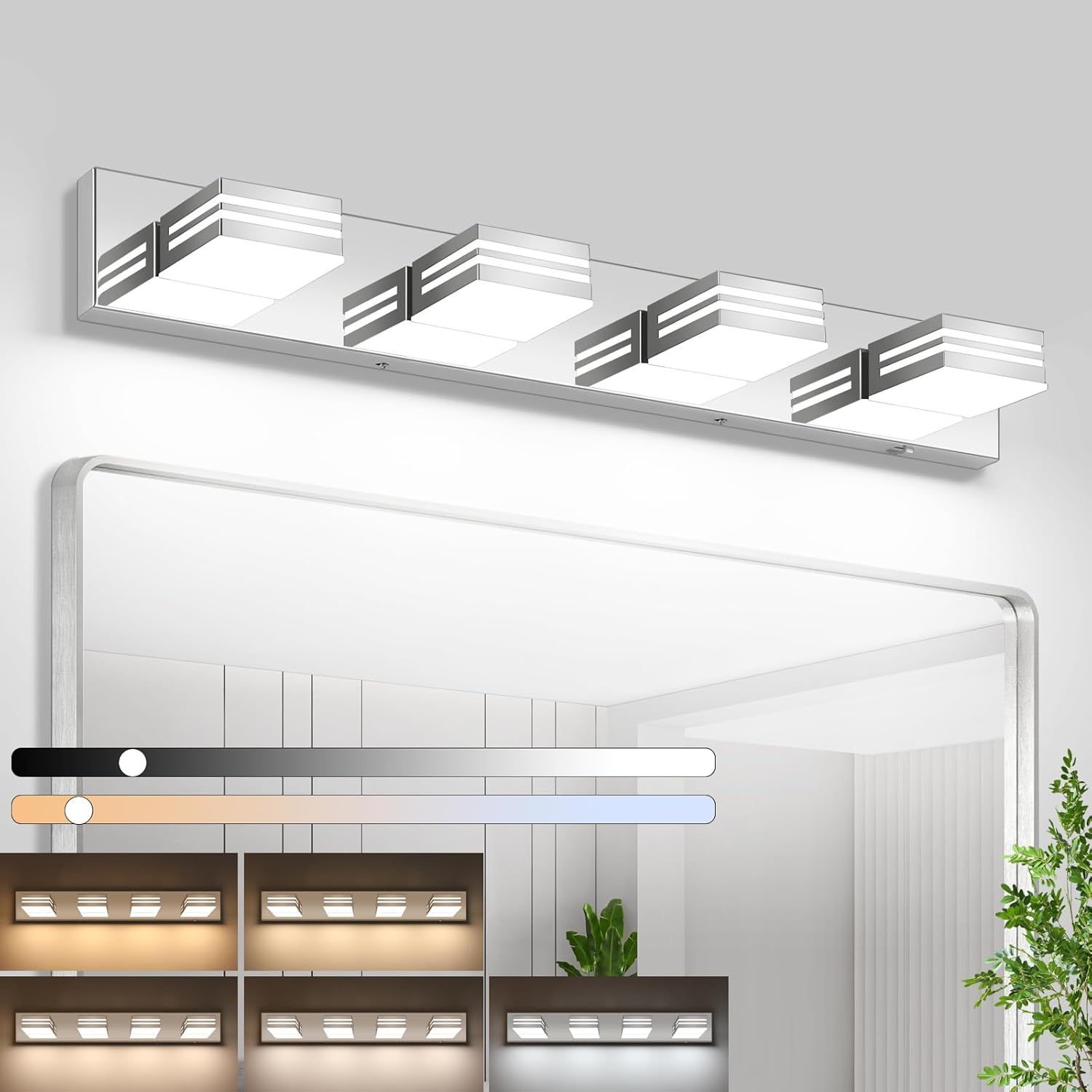 LED Modern Bathroom Vanity Light Fixtures (4-Light, 30-Inch)(5CCT, Dimmable), Chrome Modern Bathroom Wall Lighting Fixtures Over Mirror (3000K/3500K/4000K/5000K/6000K)