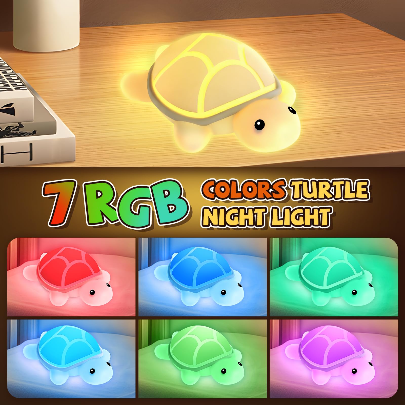 Schildkröten-Nachtlicht für Kinder, 7 Farbwechsel und Touch-Steuerung, wiederaufladbare USB-Silikon-LED-Lampe zum Stillen, Baby-Kleinkind-Schlaf, Kinderbett, ideales Geschenk für Jungen und Mädchen