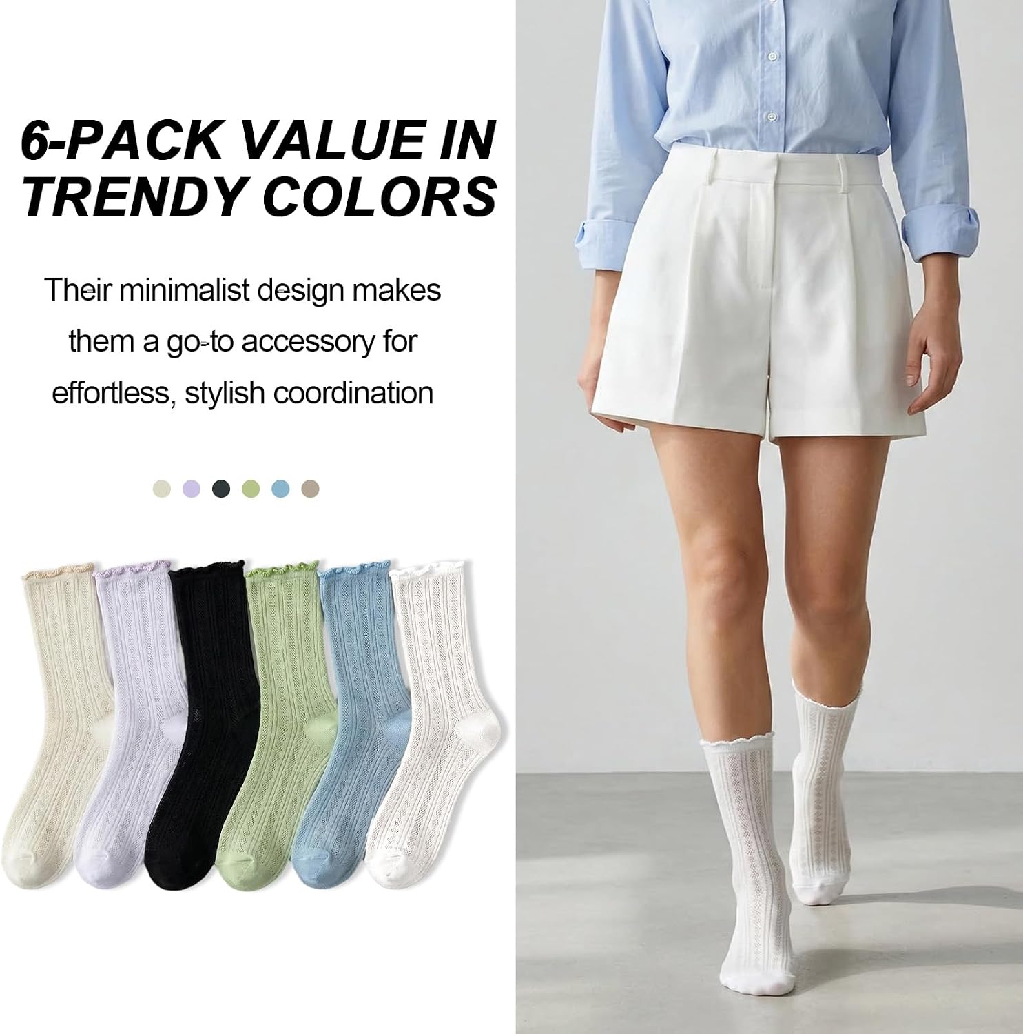 6 Pack Women Ultra Thin Ruffle Socks Casual Cotton Mesh Frilly Liner Socks Lettuce Lace Trim Dress Ankle Loafer Sox