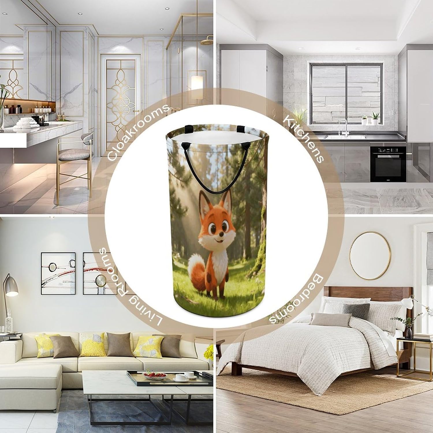 Fox Cartoon Cute Laundry Hamper with Handles Waterproof Collapsible Laundry Basket Large Lightweight Round Dirty Clothes Hamper for Home Dorm Bathroom Decor