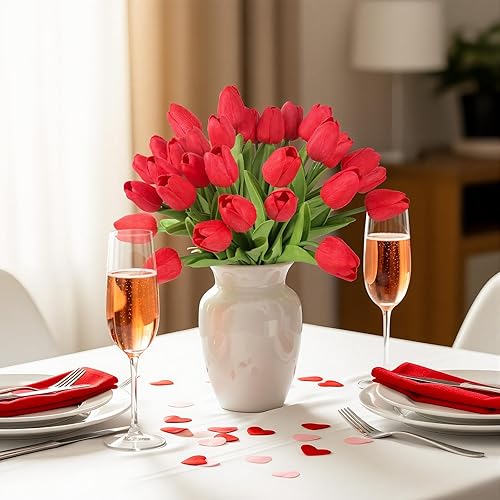 Miniatura 2 de MACTING 30 flores de tulipanes artificiales, 13.7 pulgadas, ramo de tulipanes falsos de poliuretano de tacto real, flores de primavera para arreglos