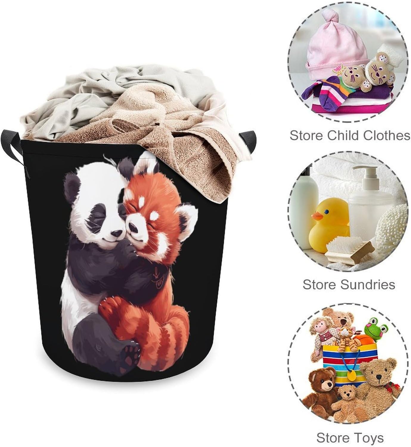 Kawaii Panda Hugging Red Panda Funny Laundry Basket Round Hamper with Handles Washing Bin Clothes Storage Bag Collapsible Organizer