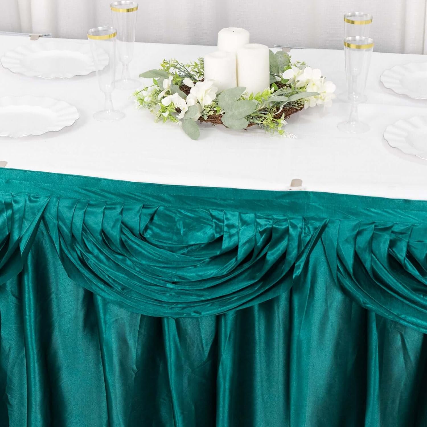 Efavormart 14ft Peacock Teal Pleated Satin Double Drape Table Skirt