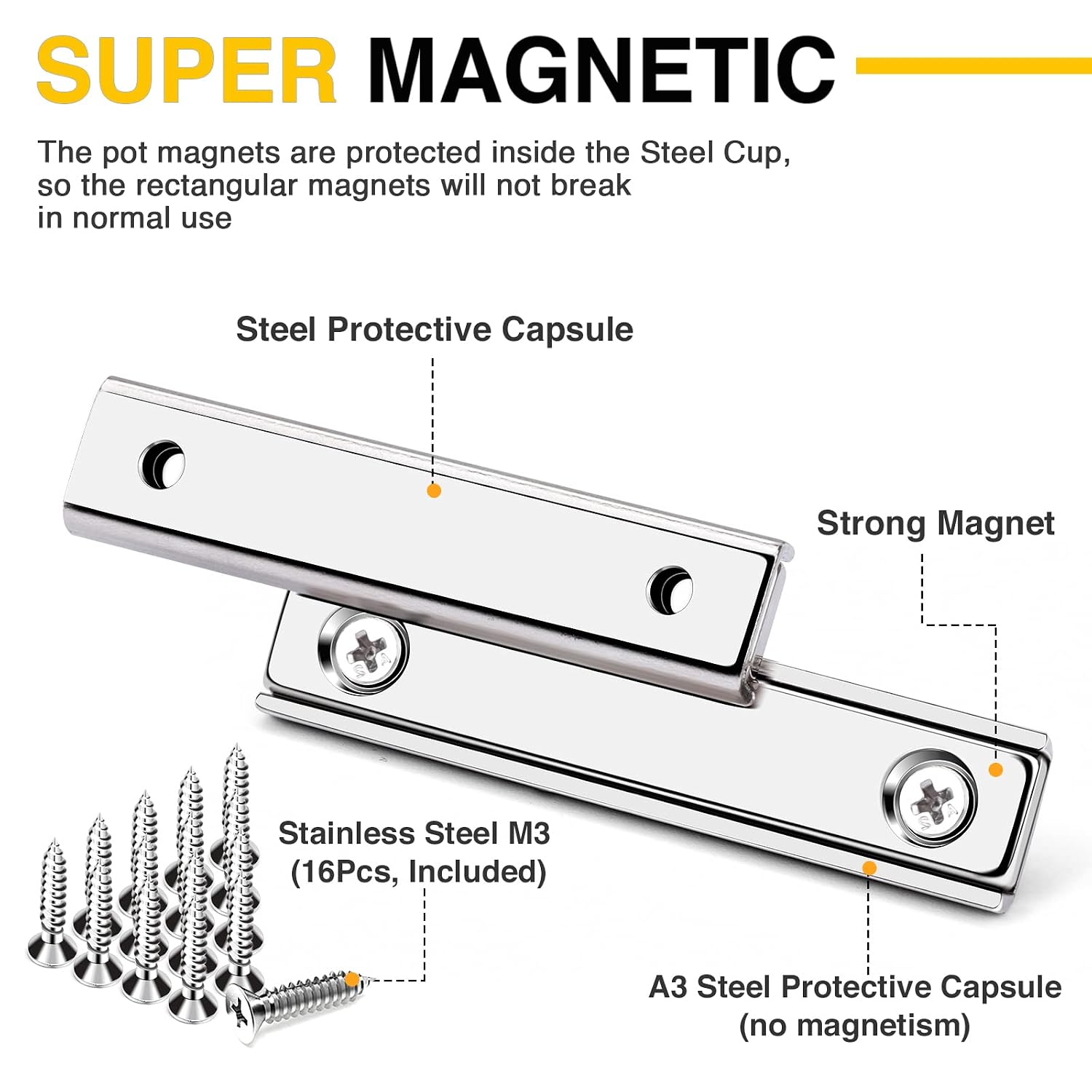 Strong Neodymium Rectangular Pot Magnets with Counter Bore, Countersunk Hole Magnets with Mounting Screws - 60x13.5x5mm, Pack of 8