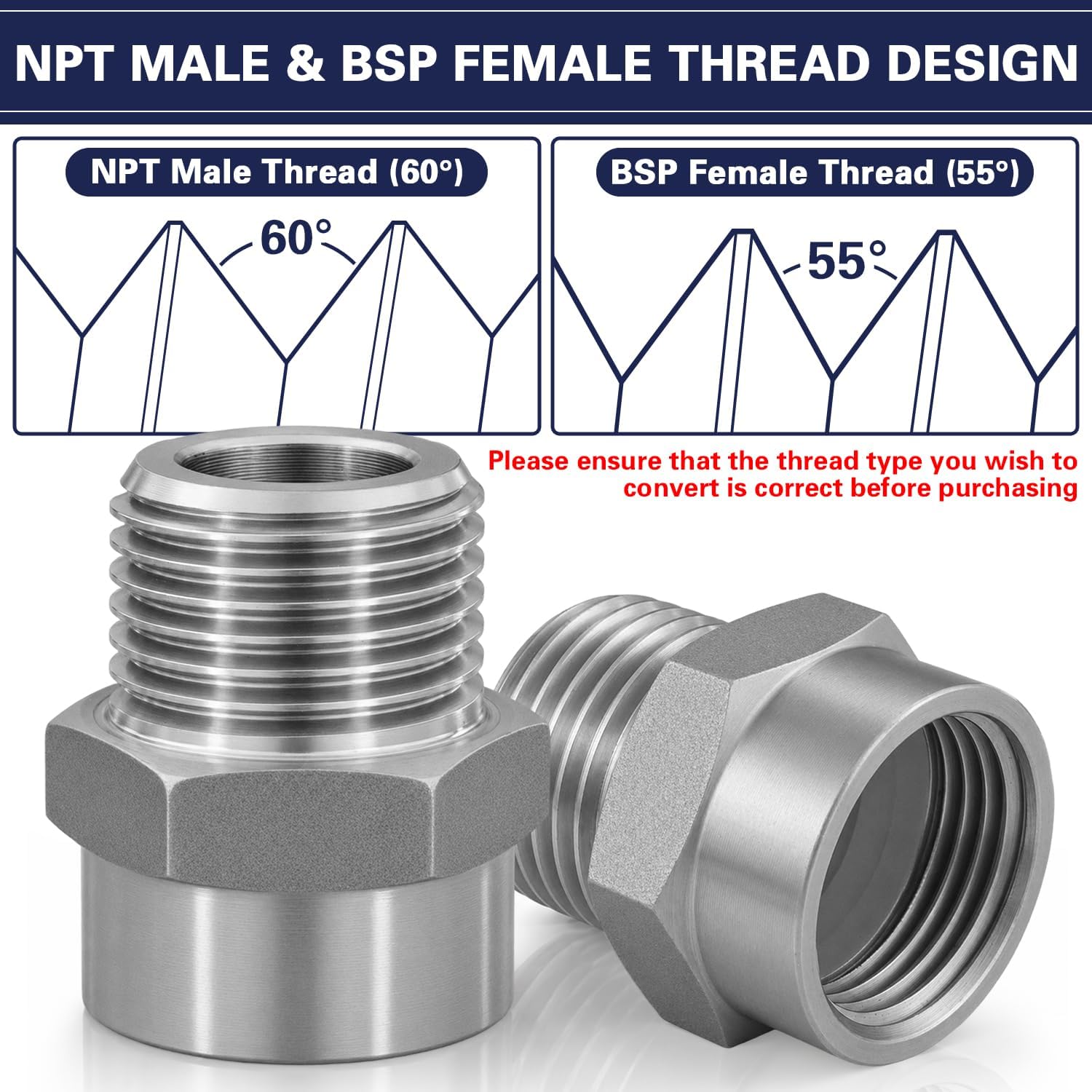 1/2" G (BSP) Female to 1/2" NPT Male Adapter, Stainless Steel Pipe Fitting, BSP(G) to NPT Thread Converter Connector, Leak-Proof (2 Pack)
