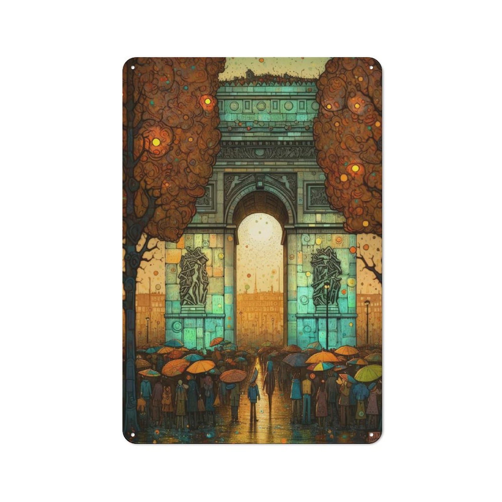 Junmoney Arc De Triomphe Abstract 1 Decorative Metal Plaque 30X20cm, Modern Retro Urban Room Decor For Workspace, Cafe, Hallway Or Garage