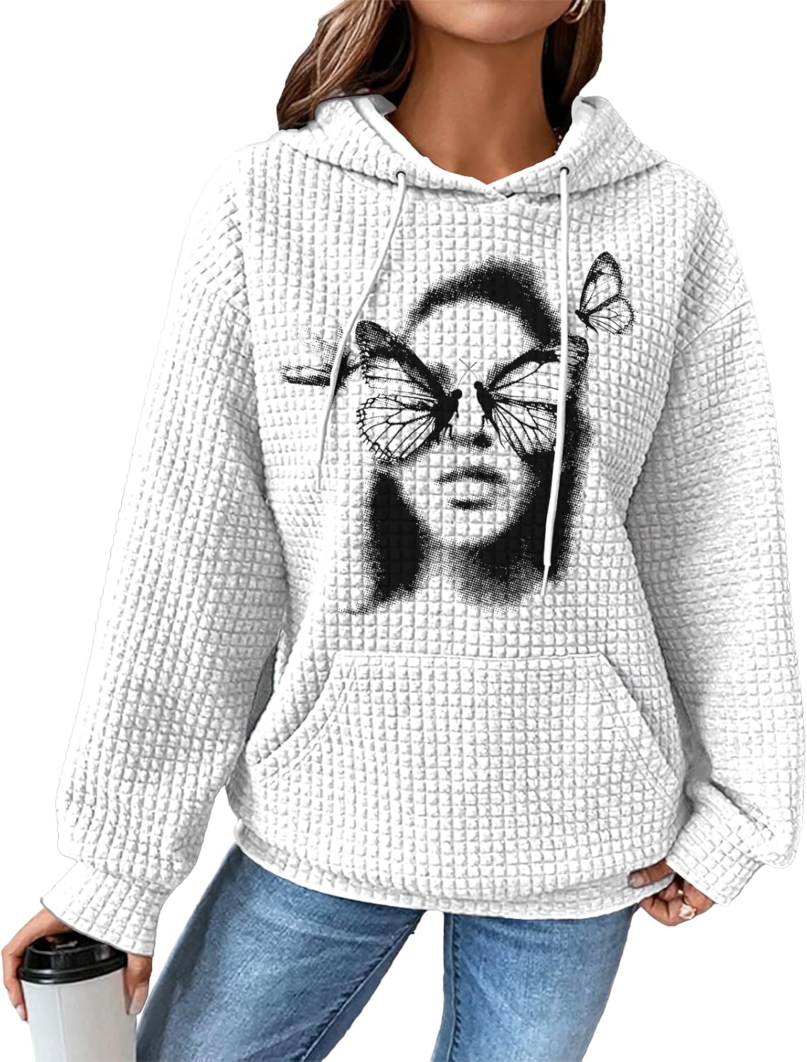 Pullover Sweatshirts For Women Drawstring Long Sleeve Waffle Sweatshirt With Pocket Vintage Street Wear Qutfits