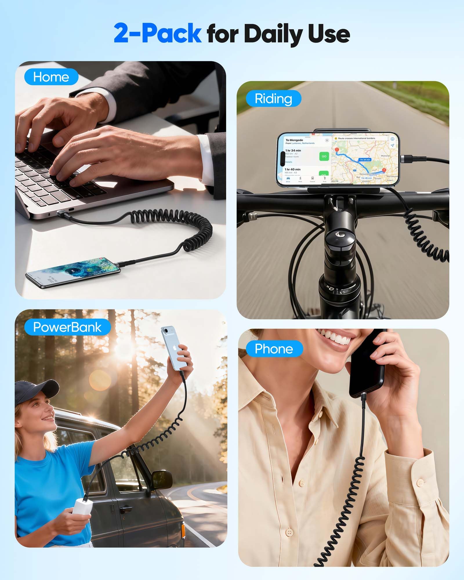 USBA-auf-USBC-Spiralkabel, 1,8 m, mehrfarbig, Kfz-Ladekabel für Handy