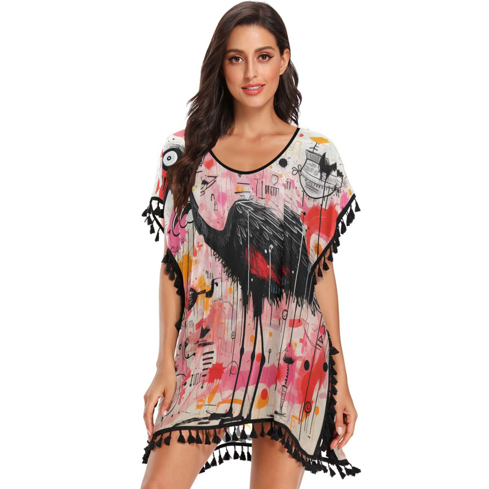 KAAVIYO Majestic Ostrich Octopuses Women's Beach Cover Up Chiffon Tassel Swimwear Swimsuit Coverups for Girl