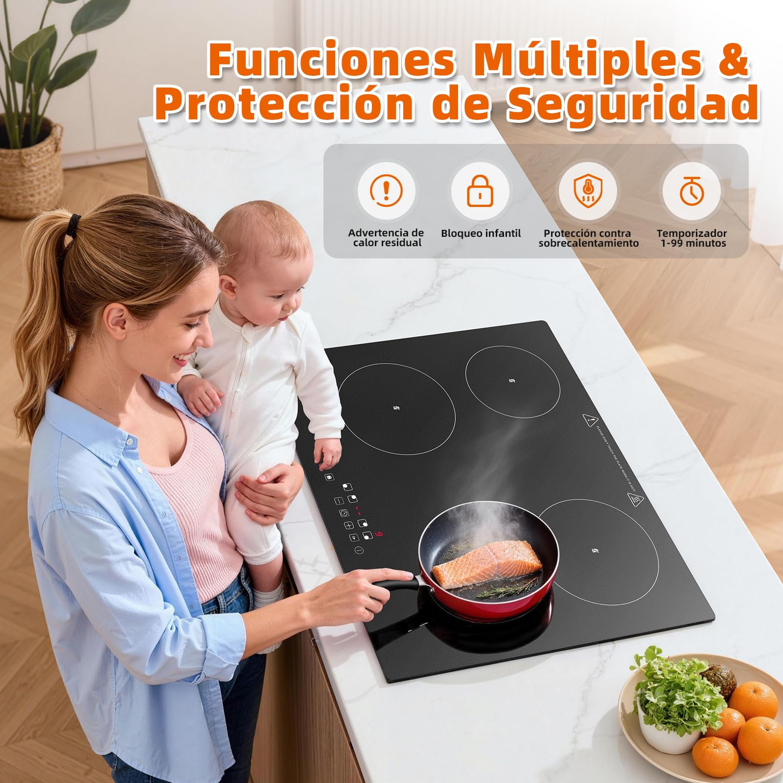 Placa Vitrocerámica Eléctrica de 4 Fuegos, 60cm Incrustar, 6000W, Compatible con Todo Tipo de Menaje, Control Táctil, 9 Niveles, Temporizador 1-99 Min