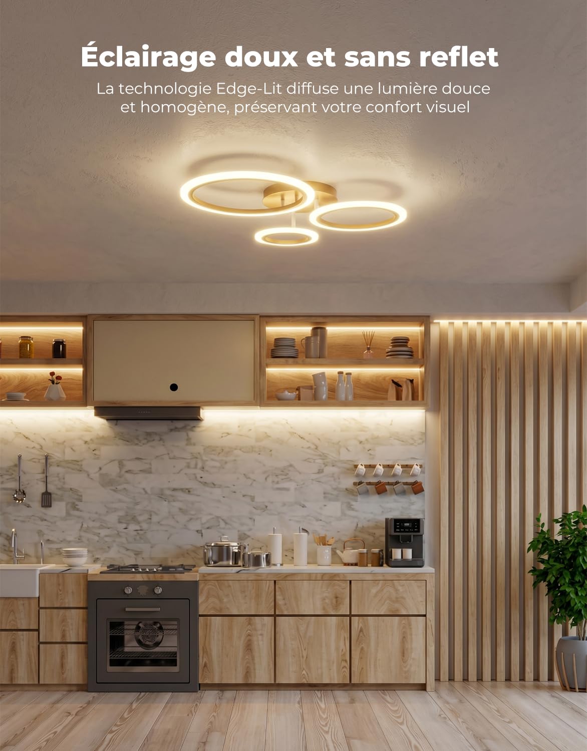 Plafonnier LED Intelligent Dimmable 3 Anneaux, Luminaire Plafond Moderne 19W 1900LM, Contrôle App/Alexa et Télécommande, Éclairage Ultra-Plat pour Chambre, Salon, Or