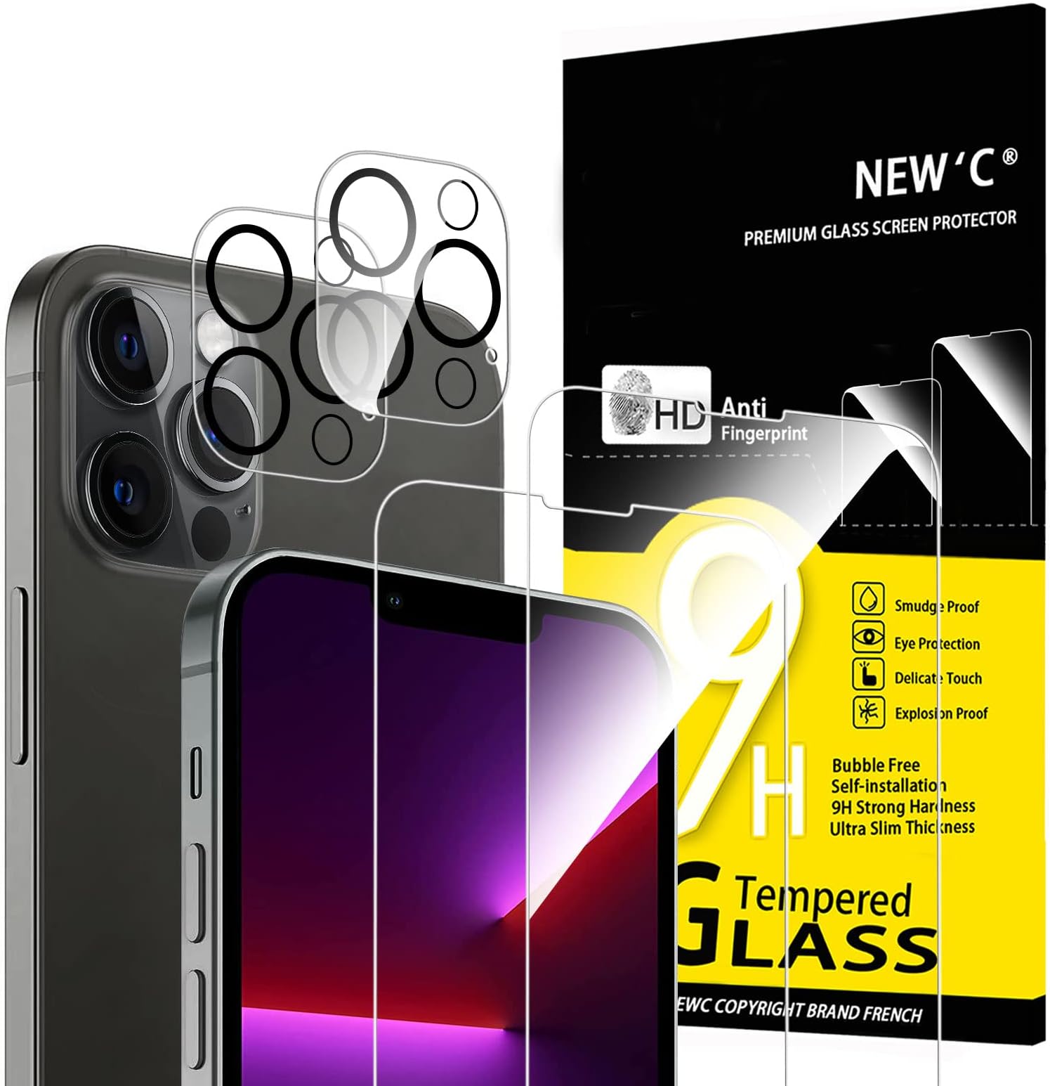 NEW'C 4 Pack, 2 Pack Screen Protector for iPhone 13 Pro + 2 Pack Camera