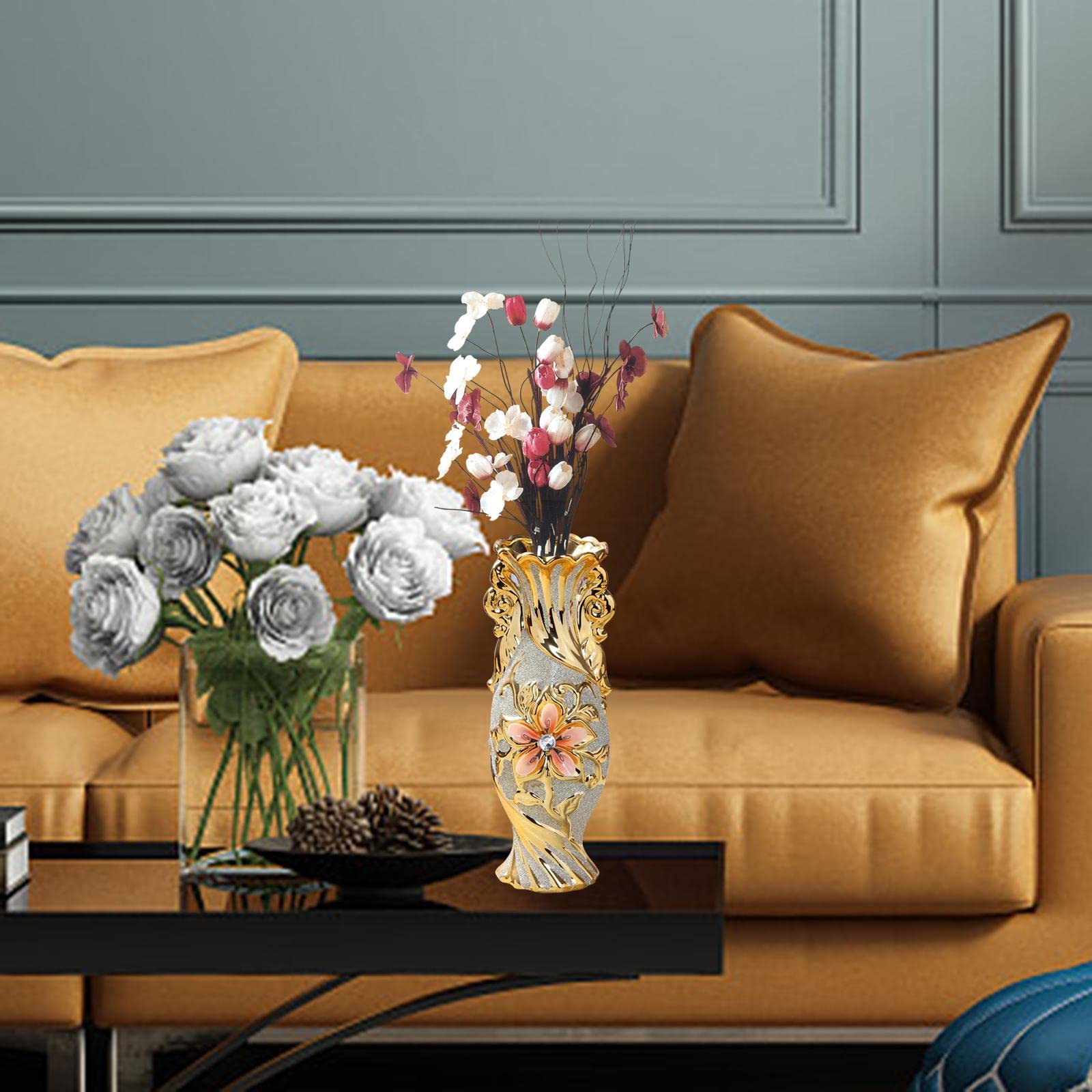 Keramikvase Europäischer Stil Blumenvasen Deko Ornament Tischdeko Goldene Muster Eleganz Aus für Hochzeit Geschenk Wohnzimmer Büro Café Bar Re, Stile